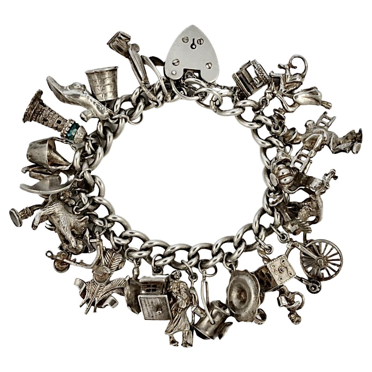 English Sterling Silver Charm Bracelet with Heart Lock 1960s