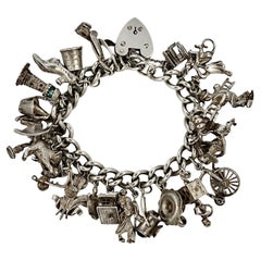 Retro English Sterling Silver Charm Bracelet with Heart Lock 1960s