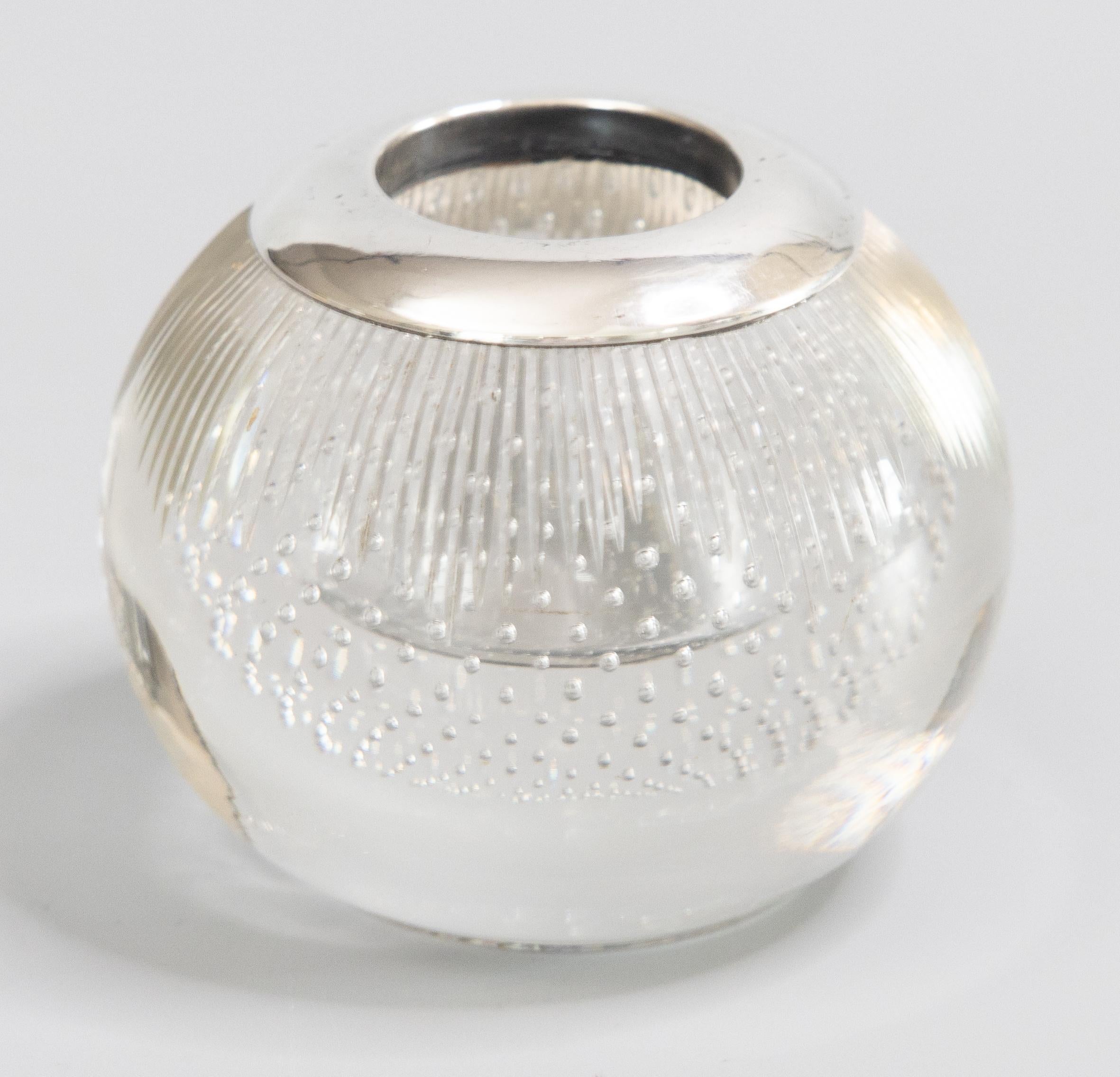 A stunning antique English sterling silver and ribbed glass with controlled bubbles match striker / holder by Charles James Fox, London, c. 1899. Hallmarked on collar. This fine match holder is sleek and stylish, perfect for the modern