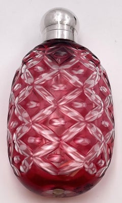 English Sterling Silver & Cranberry Cut Glass 1902 Flask