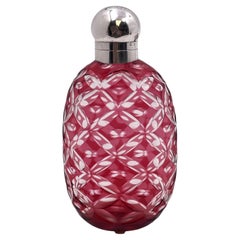 Antique English Sterling Silver & Cranberry Cut Glass 1902 Flask