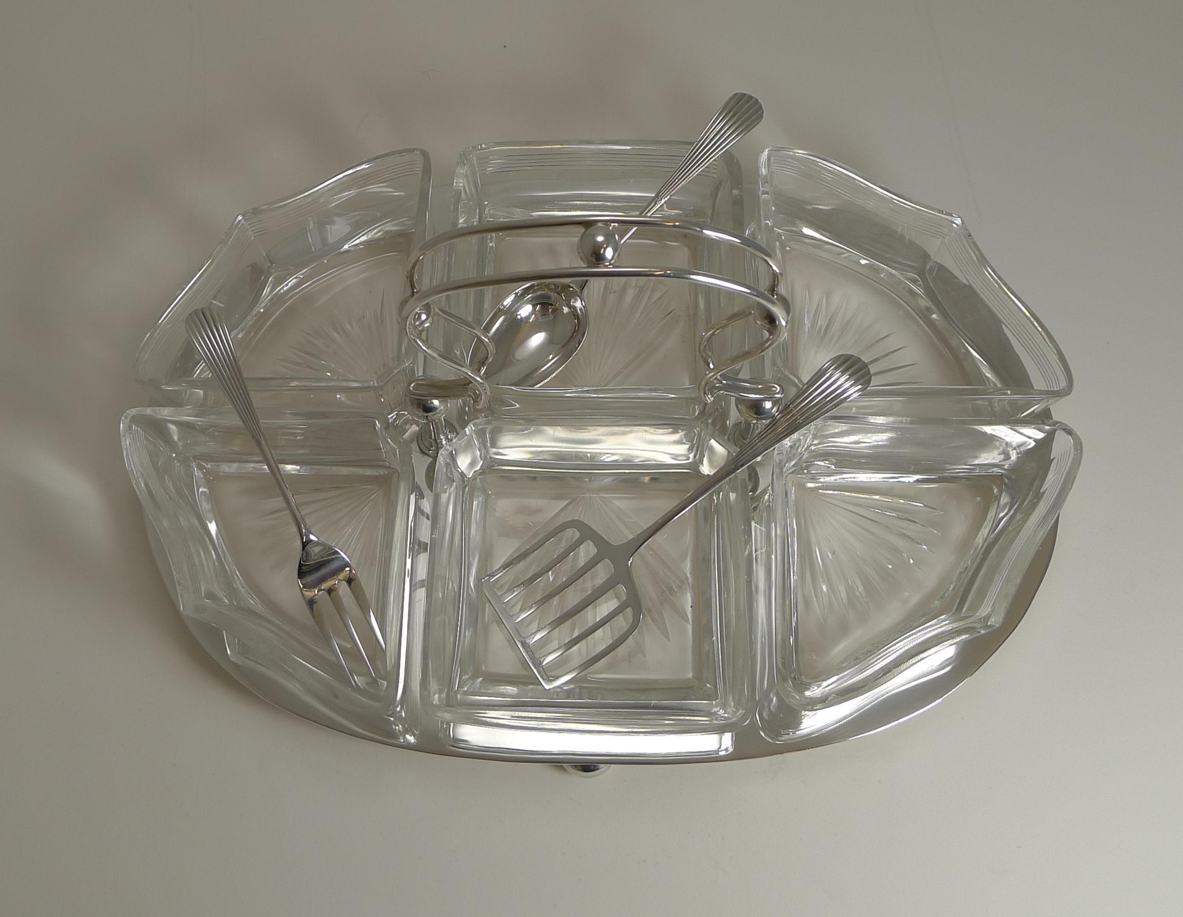 English Sterling Silver and Crystal Hors D'oeuvres / Cocktail Dish, James Dixon 1