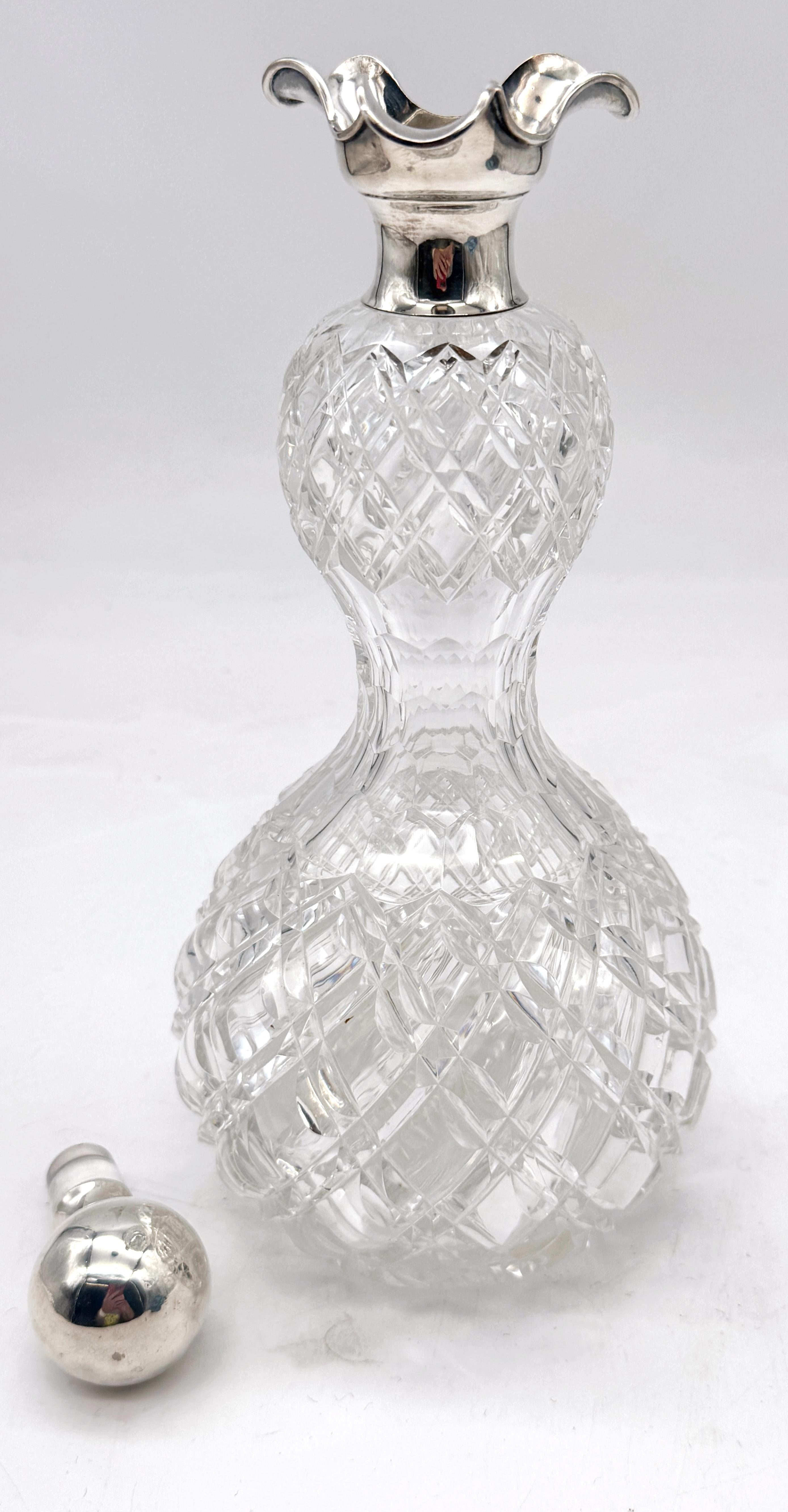Decanter a collo di spillo in argento sterling e cristallo tagliato, Londra, 1906 in vendita 1