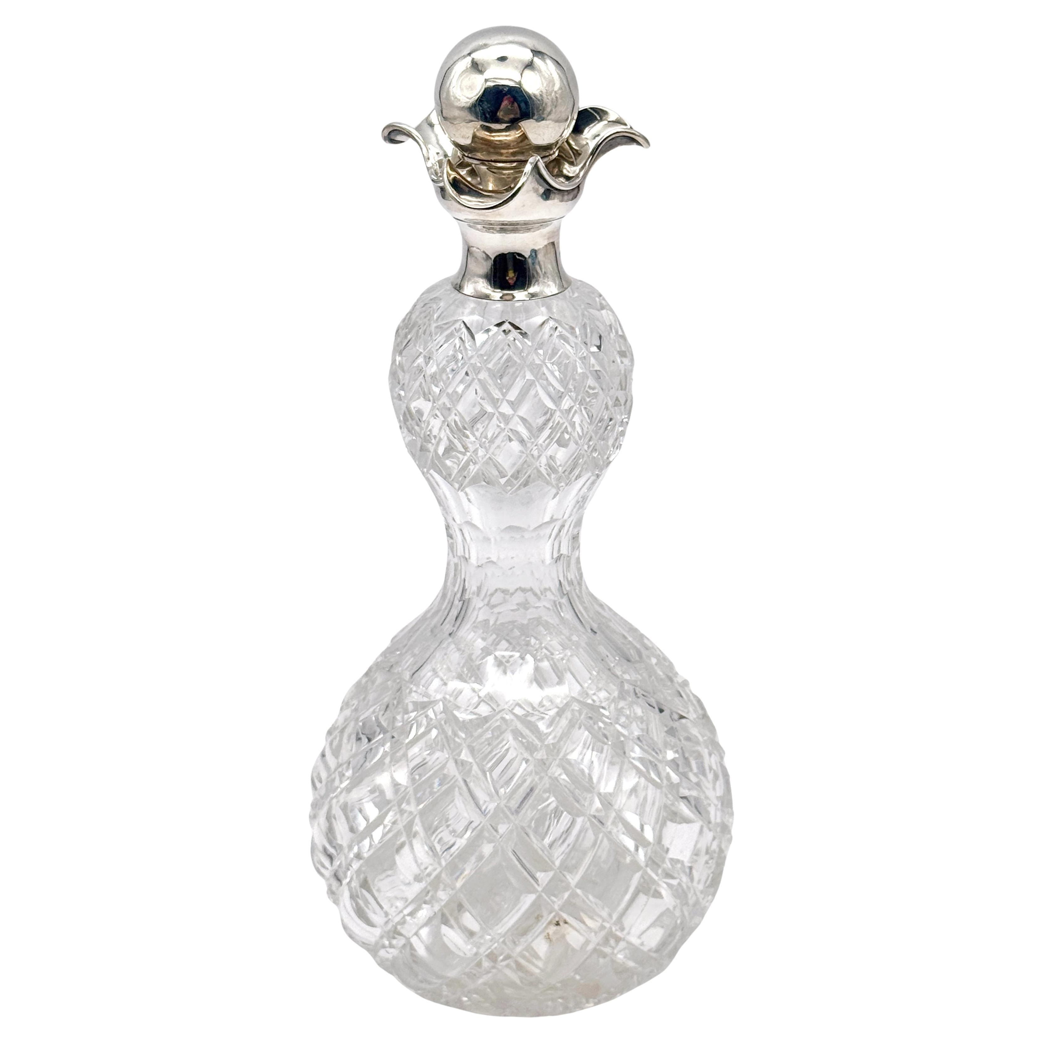 English Sterling Silver & Cut Crystal Pinch Neck Decanter, London, 1906