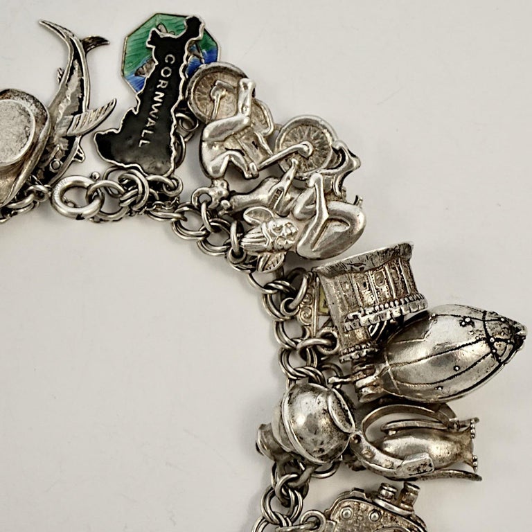 English Sterling Silver Double Link Charm Bracelet 1960s For Sale at 1stDibs