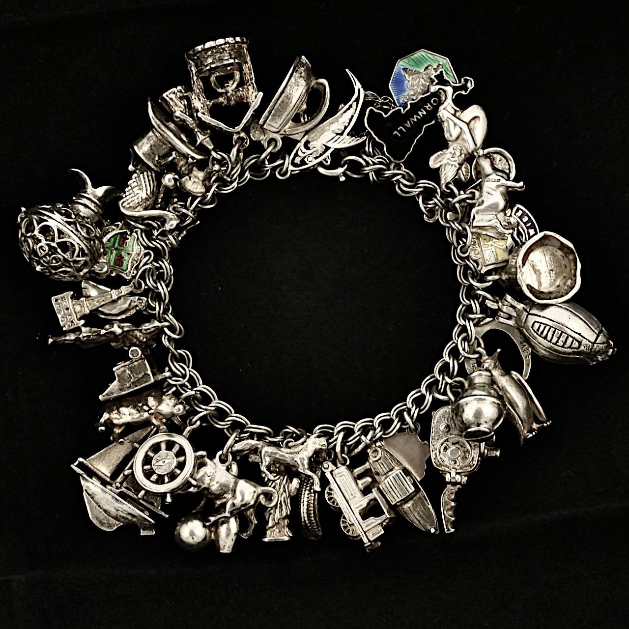 Women's or Men's English Sterling Silver Double Link Charm Bracelet 1960s For Sale