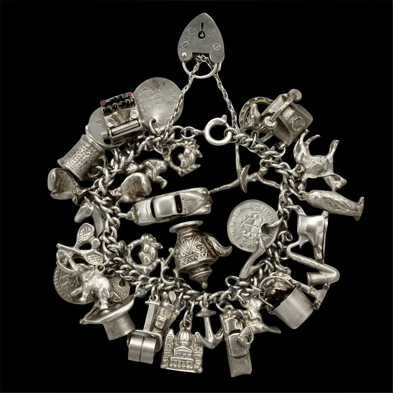 English Sterling Silver Double Link Charm Bracelet For Sale 6