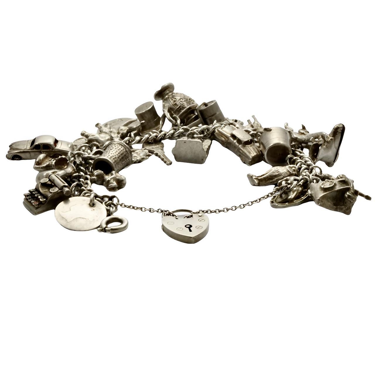 English Sterling Silver Double Link Charm Bracelet In Good Condition For Sale In London, GB