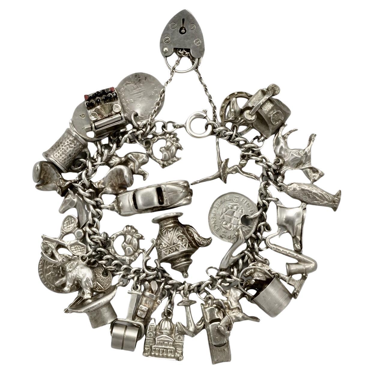 English Sterling Silver Double Link Charm Bracelet For Sale