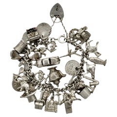Antique English Sterling Silver Double Link Charm Bracelet