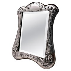 English Sterling Silver Dresser Mirror in Art Nouveau Style with Felt Back