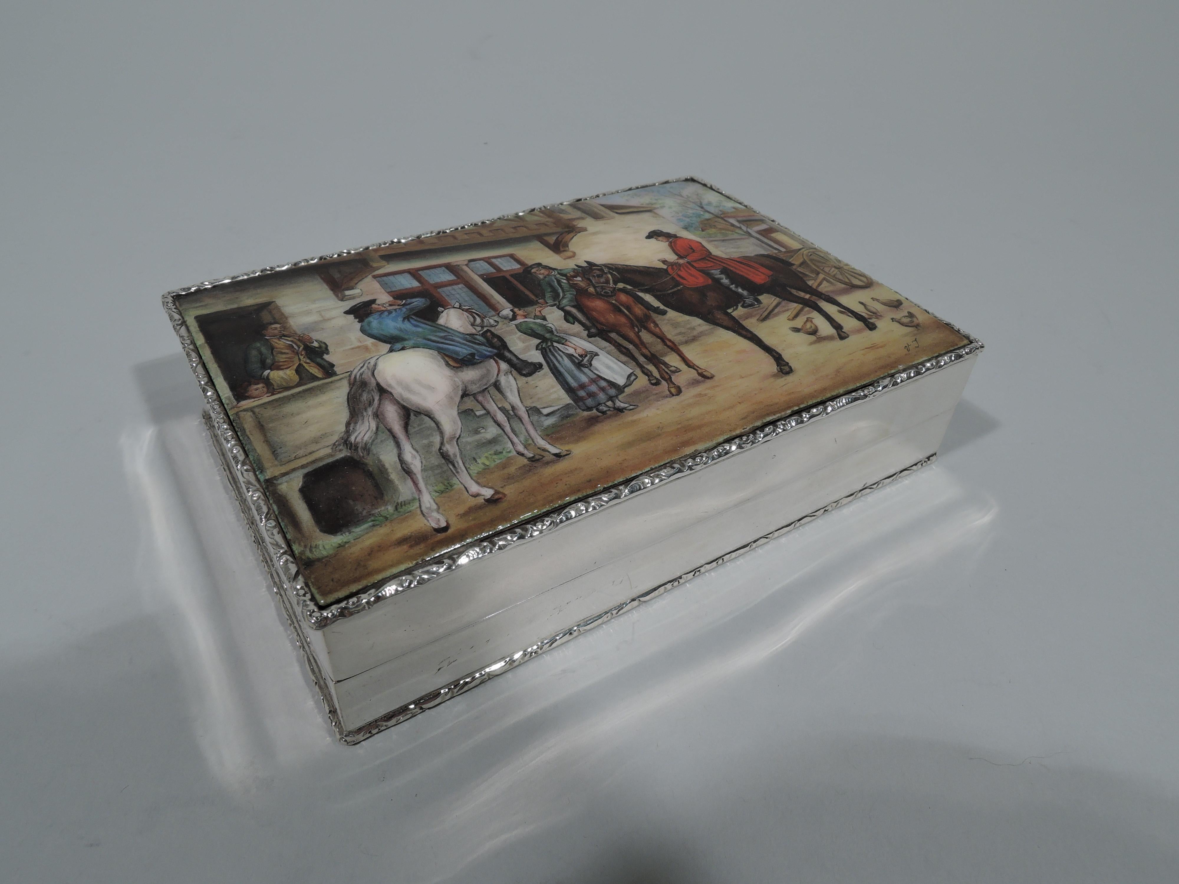 English Sterling Silver and Enamel Jewelry Box with Georgian Inn Scene In Excellent Condition In New York, NY