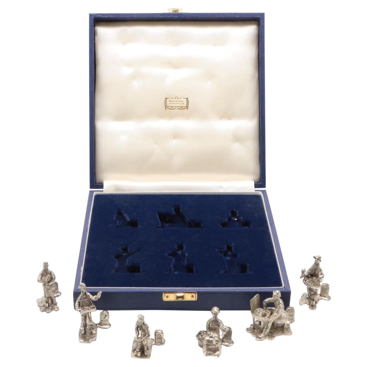 English Sterling Silver Figural Menu/Place Card Holders in Harrods of London Box For Sale