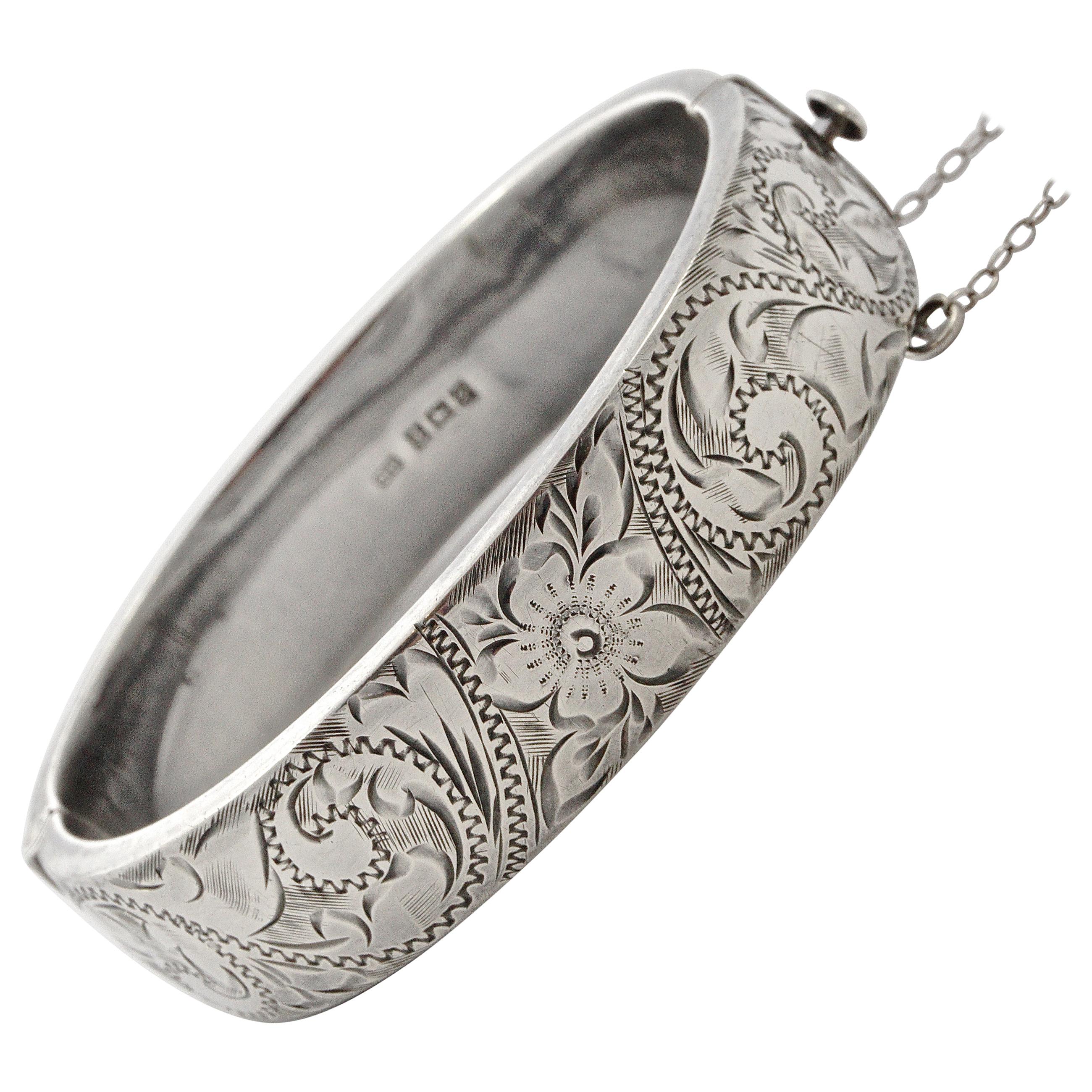 English Sterling Silver Floral Engraved Bangle Bracelet 1960s at