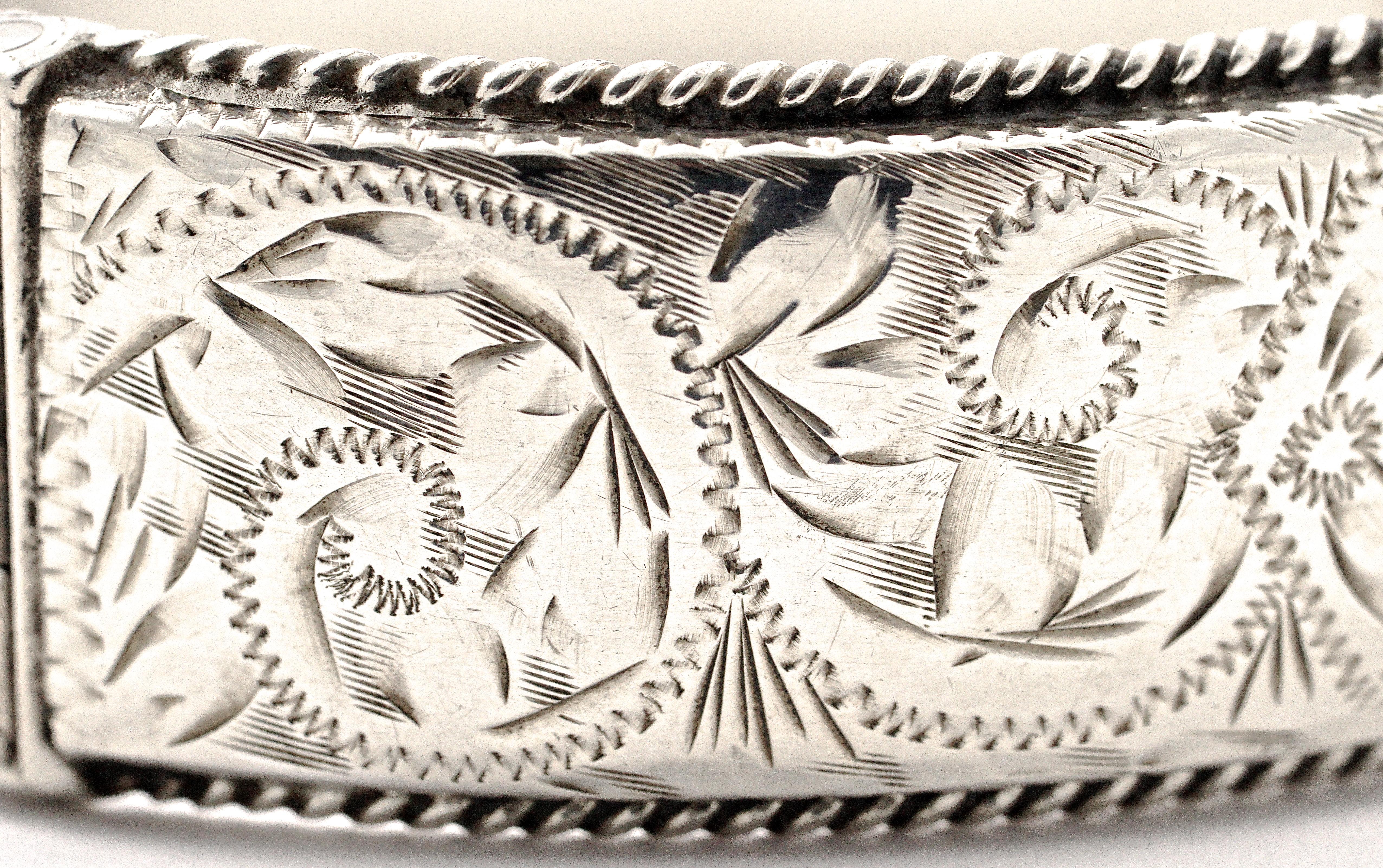 Women's or Men's English Sterling Silver Floral Scroll Engraved Rope Twist Bangle Bracelet 1960s For Sale