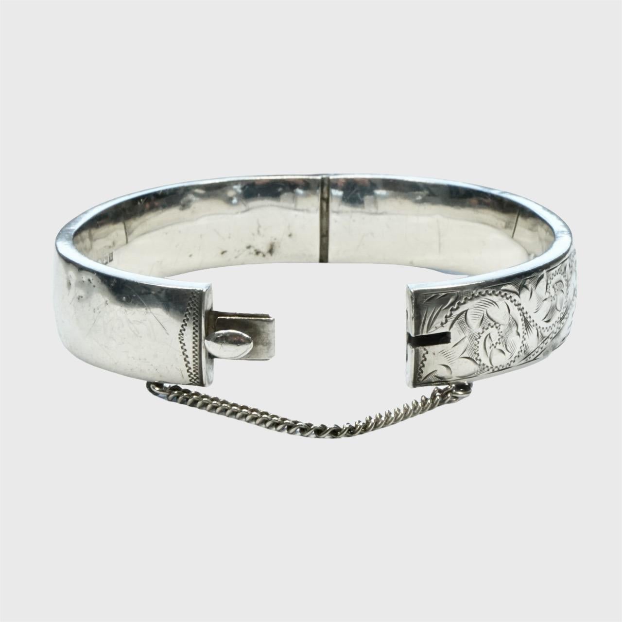 Women's or Men's English Sterling Silver Flower Engraved Bangle Bracelet with Safety Chain 1960s