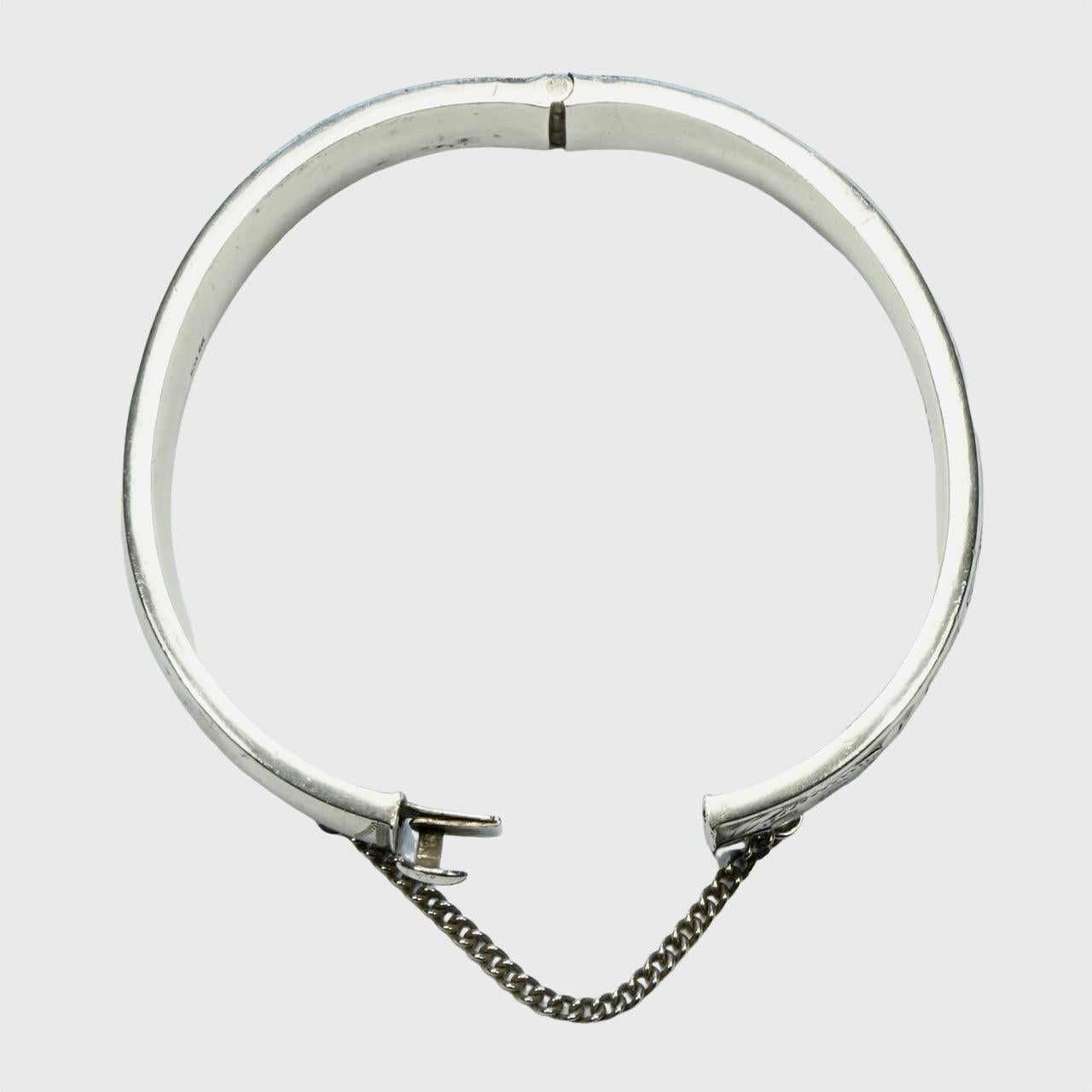 English Sterling Silver Flower Engraved Bangle Bracelet with Safety Chain 1960s 2