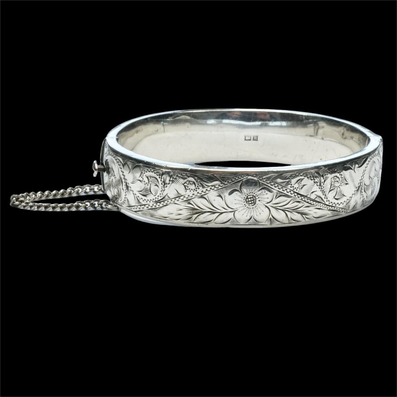 English Sterling Silver Flower Engraved Bangle Bracelet with Safety Chain 1960s 5