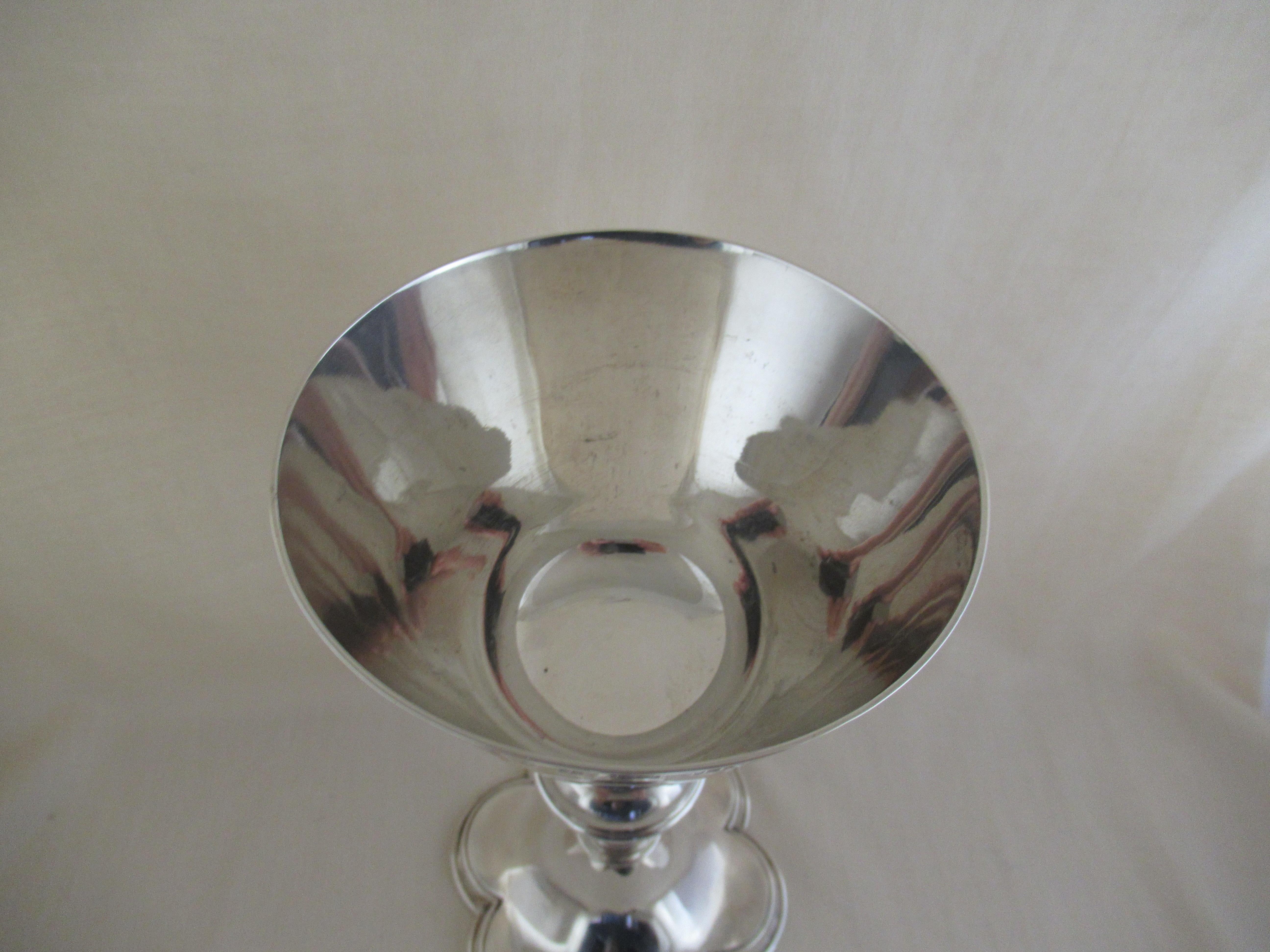 English sterling silver - LARGE ECCLESIASTICAL CHALICE
Full set of English hallmarks applied by the Birmingham Assay Office -
 Lion - Sterling silver guarantee mark.
 Anchor - Birmingham Assay Office
 Lower case f - Birmingham date letter for