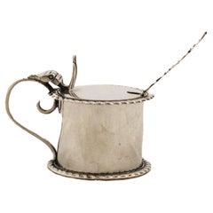 English Sterling Silver Mustard Jar with Cobalt Glass Liner, Hinged Lid & Origin