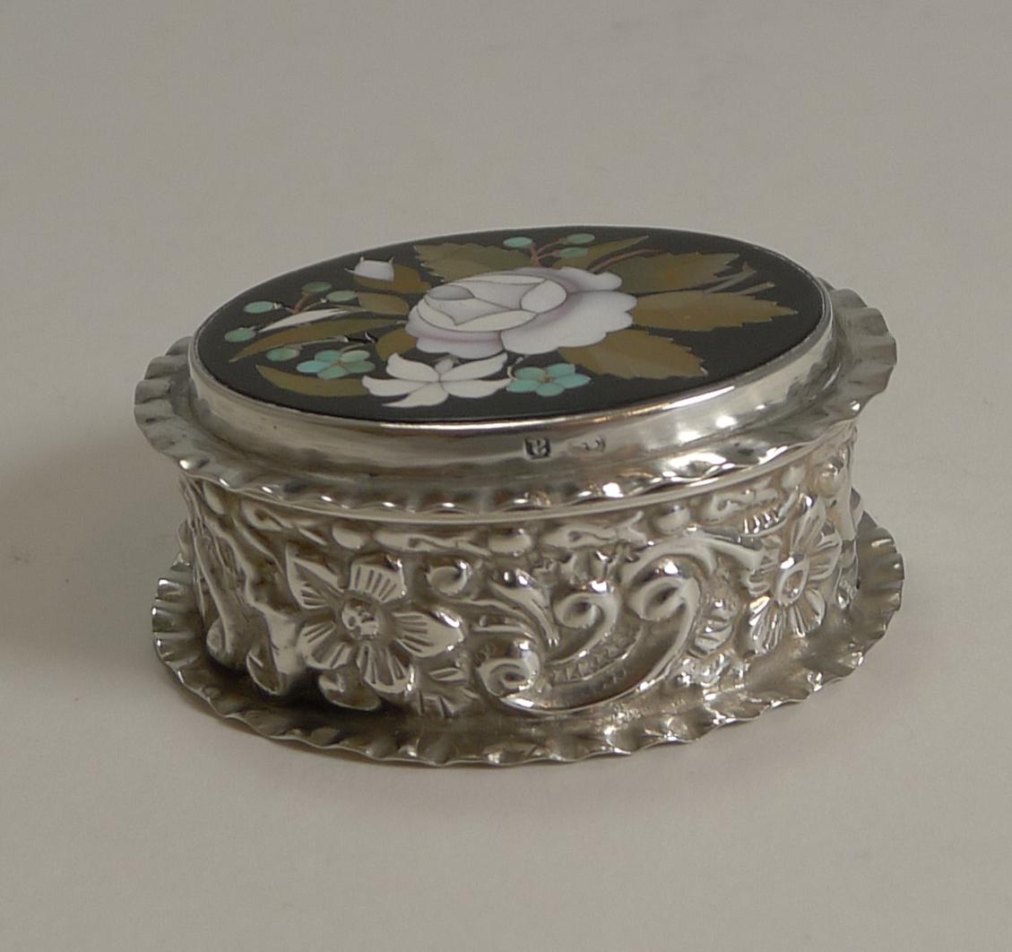 Late Victorian English Sterling Silver Pill Box Inlaid With Italian Pietra Dura, 1900