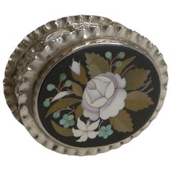 Antique English Sterling Silver Pill Box Inlaid With Italian Pietra Dura, 1900