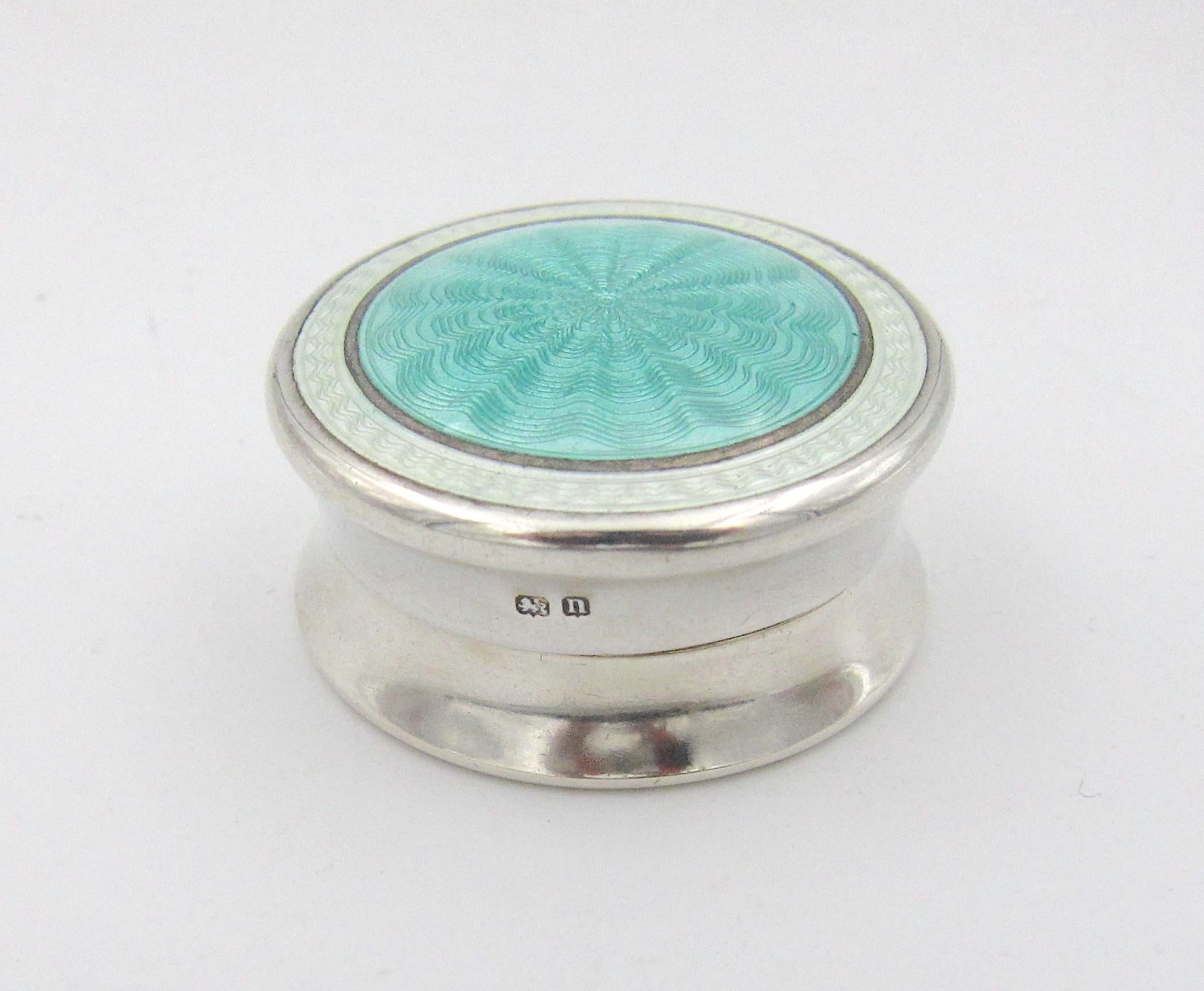 English Sterling Silver Pill Box with Guilloche Enamel Lid by H. V. Pithey & Co. 1