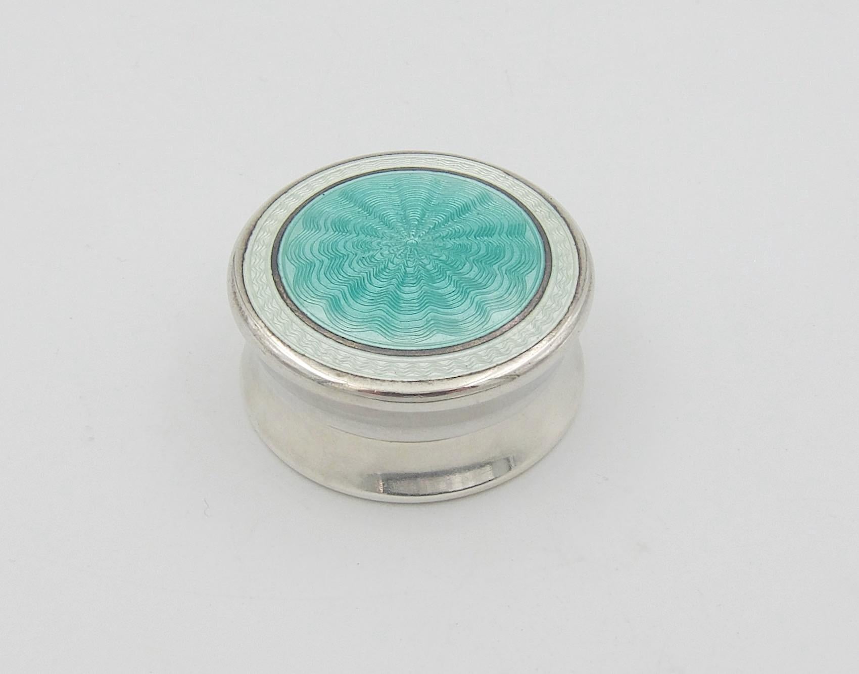 Edwardian English Sterling Silver Pill Box with Guilloche Enamel Lid by H. V. Pithey & Co.