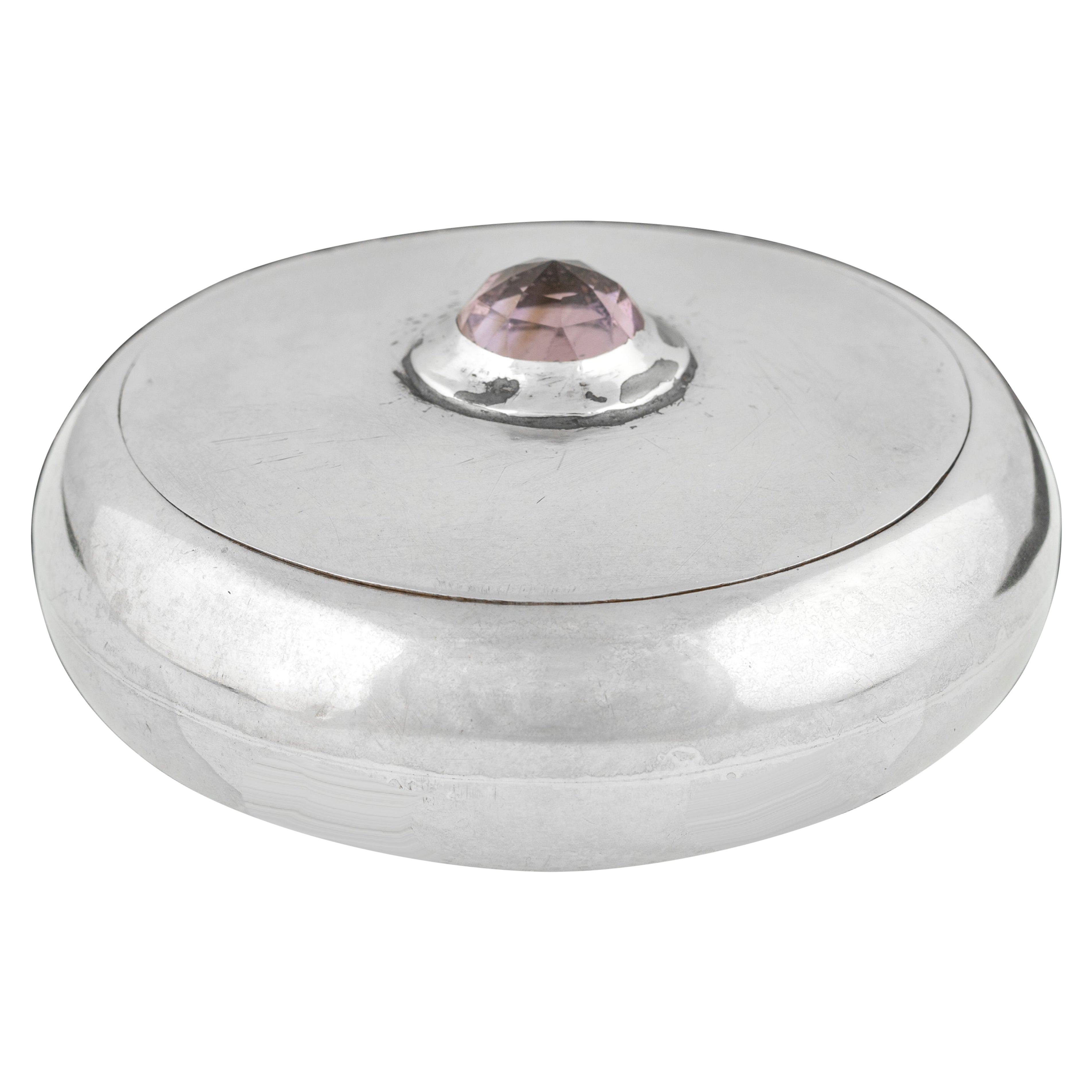 English Sterling Silver Round Box with Glass Set Lid For Sale