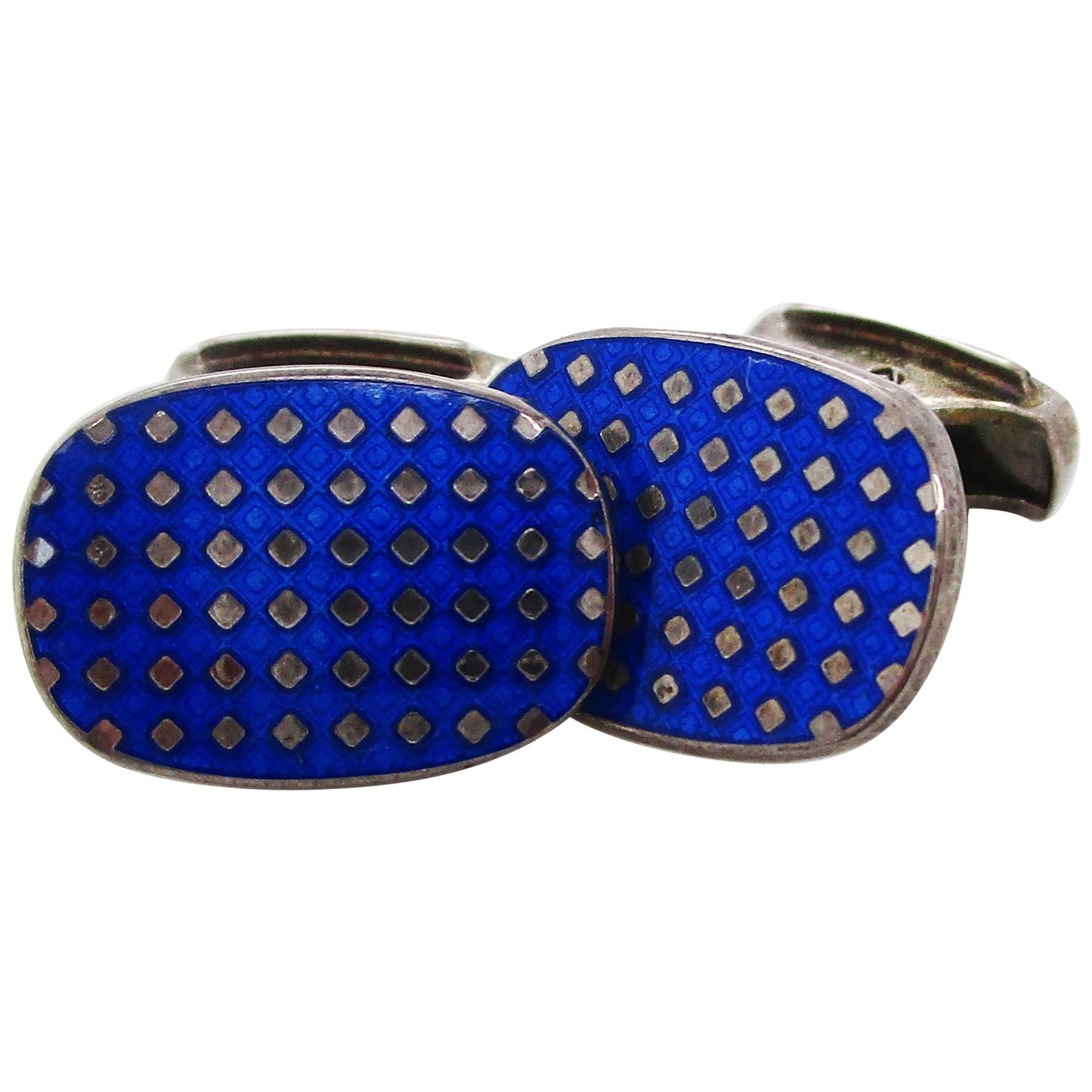 English Sterling Silver Royal Blue Enamel Swivel Bar Cufflinks For Sale