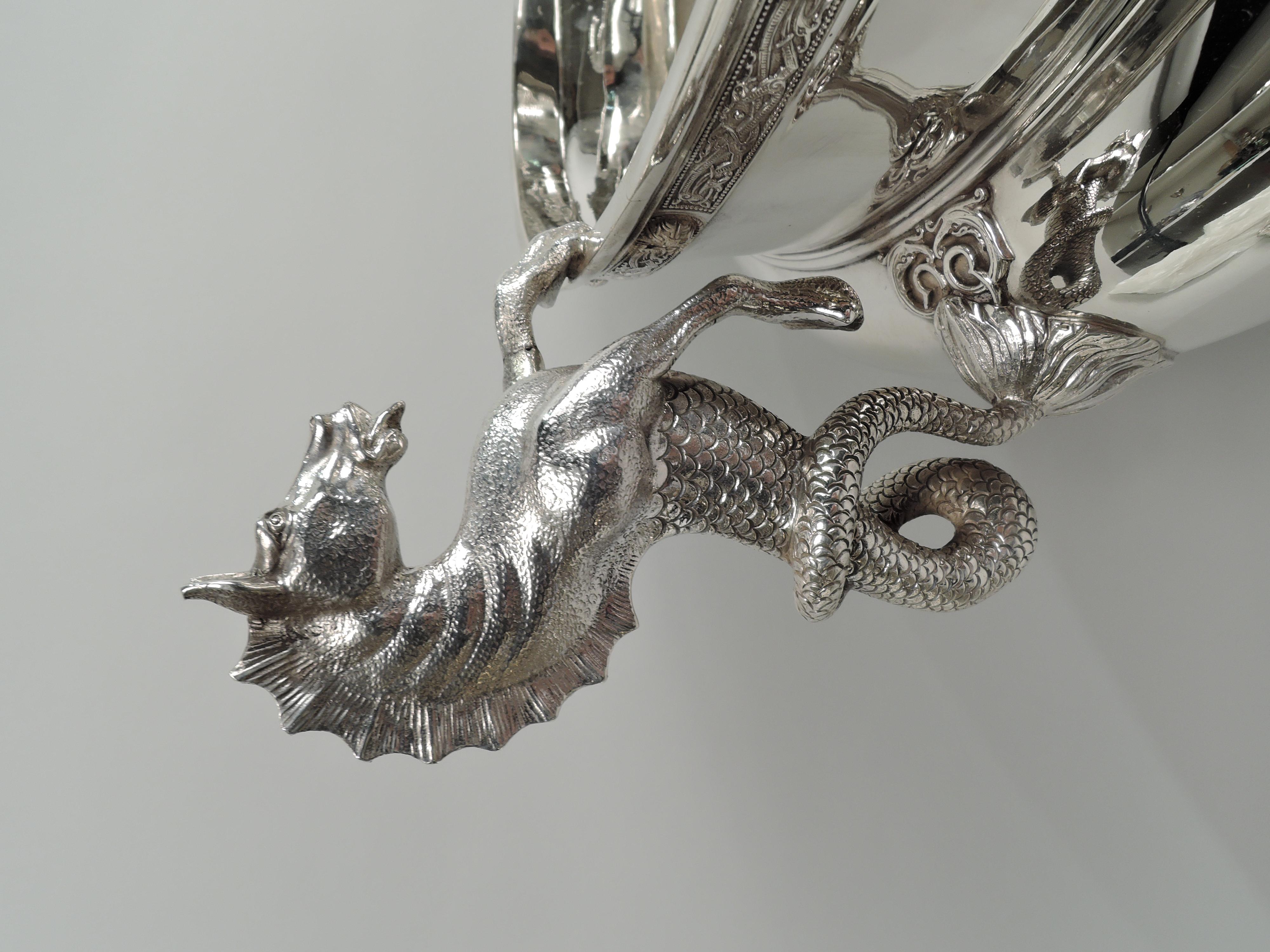 Neoclassical Revival English Sterling Silver Seahorse and Dolphin Wine Cooler Centerpiece