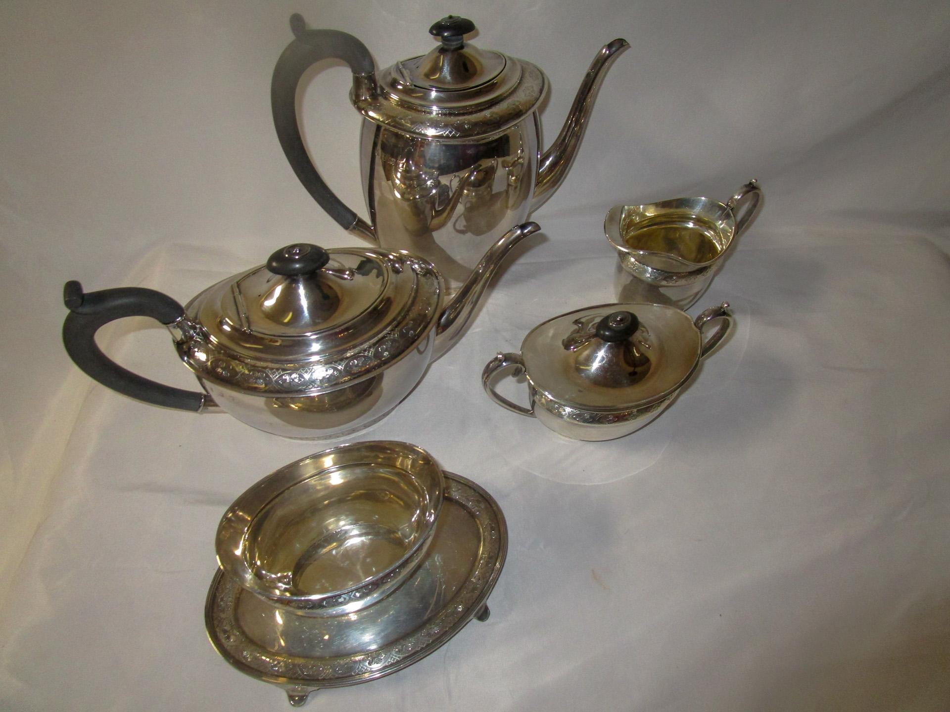 English Sterling Silver Six Piece Edwardian Style Tea Service by Barker Brothers For Sale 8