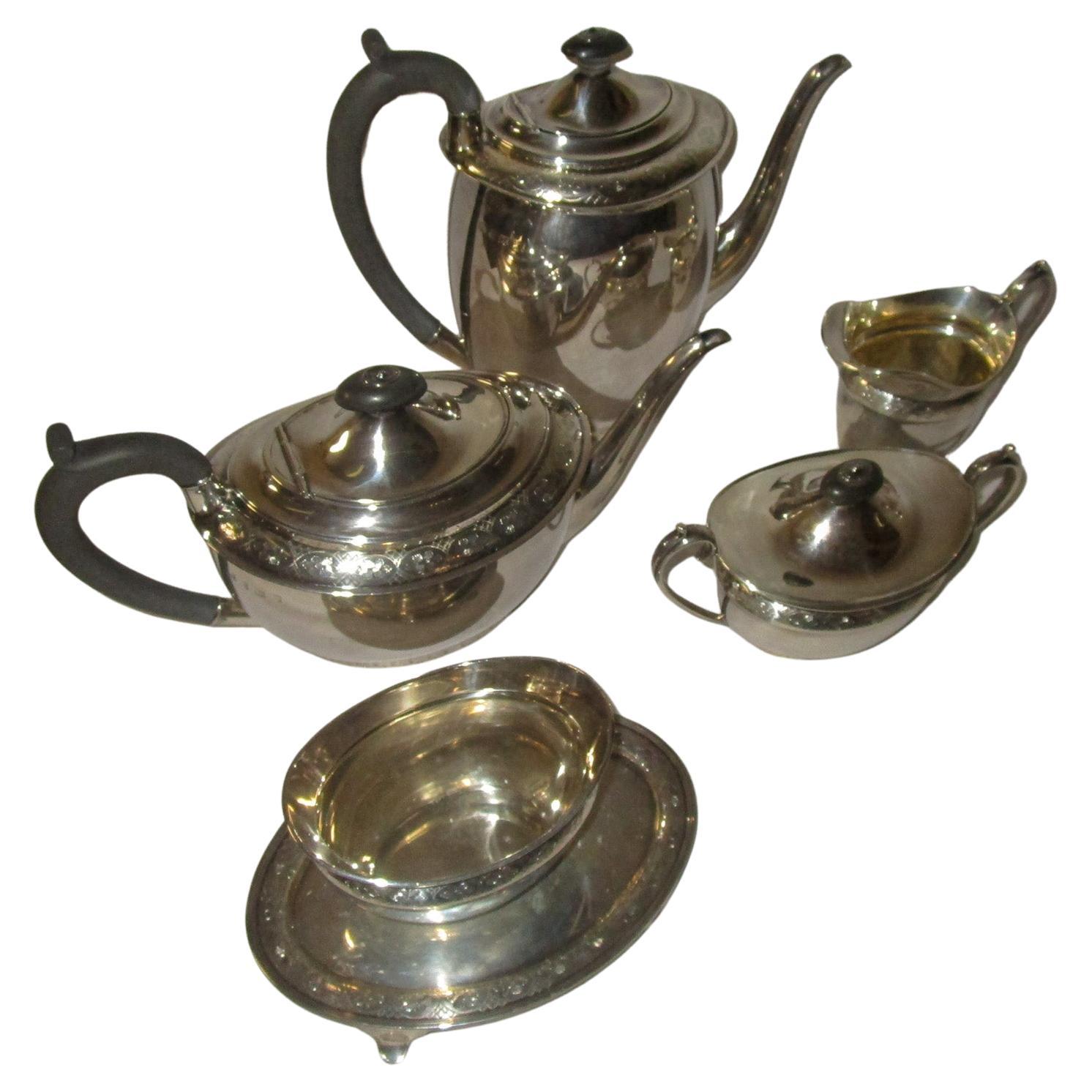 English Sterling Silver Six Piece Edwardian Style Tea Service by Barker Brothers For Sale
