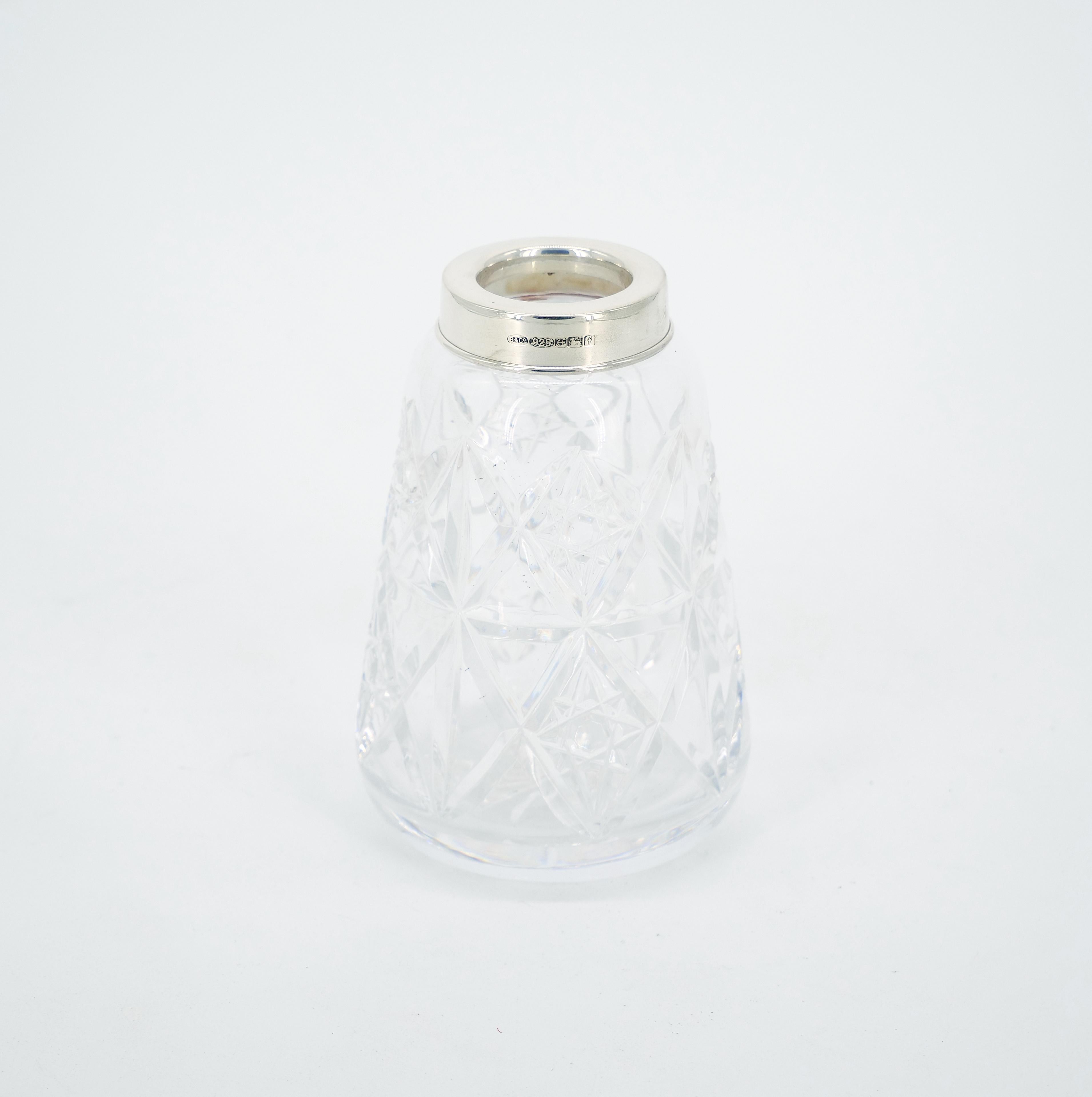 Engraved English Sterling Silver Top / Cut Glass Tableware Sugar Receptacle For Sale