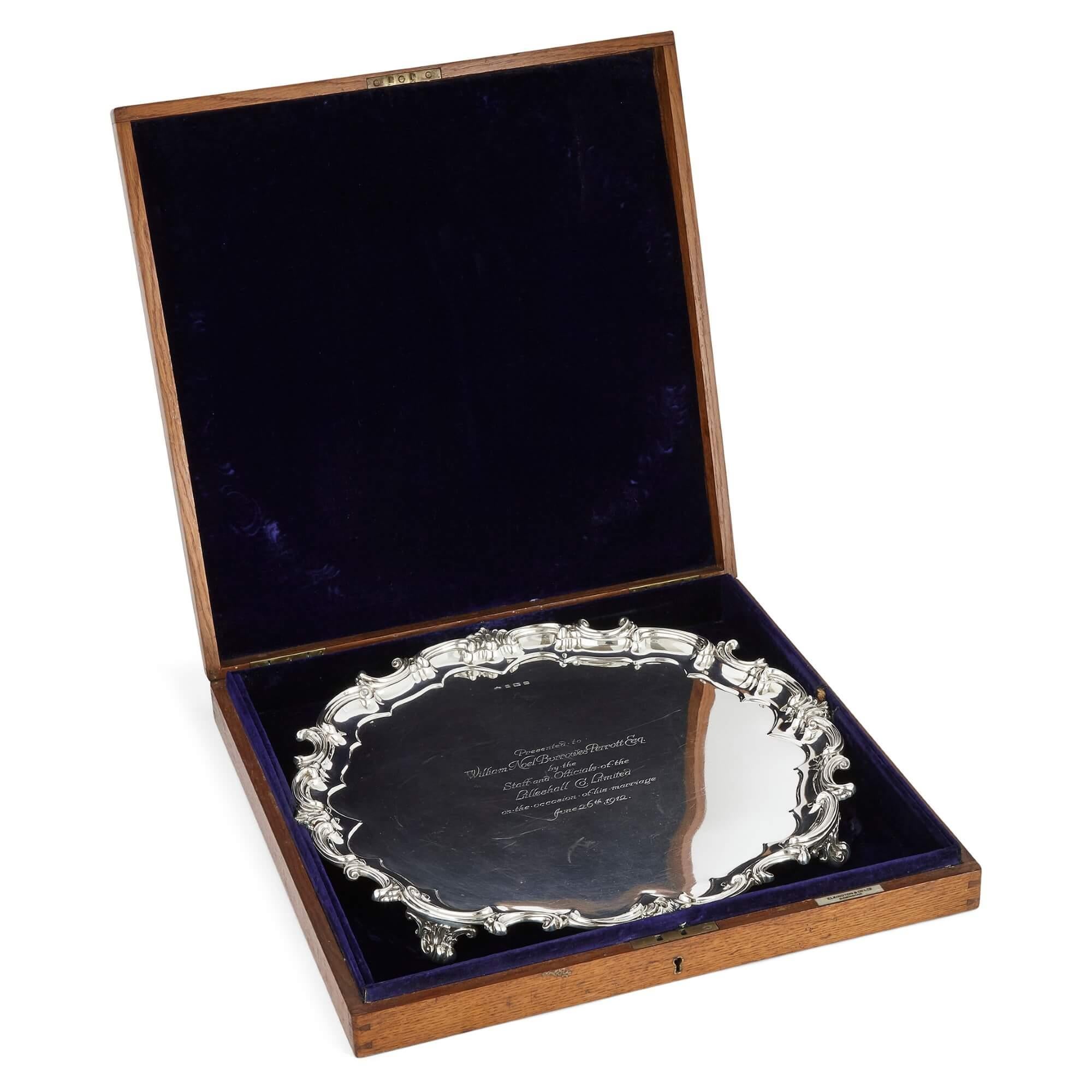 Edwardian English Sterling Silver Tray with Case by Elkington For Sale