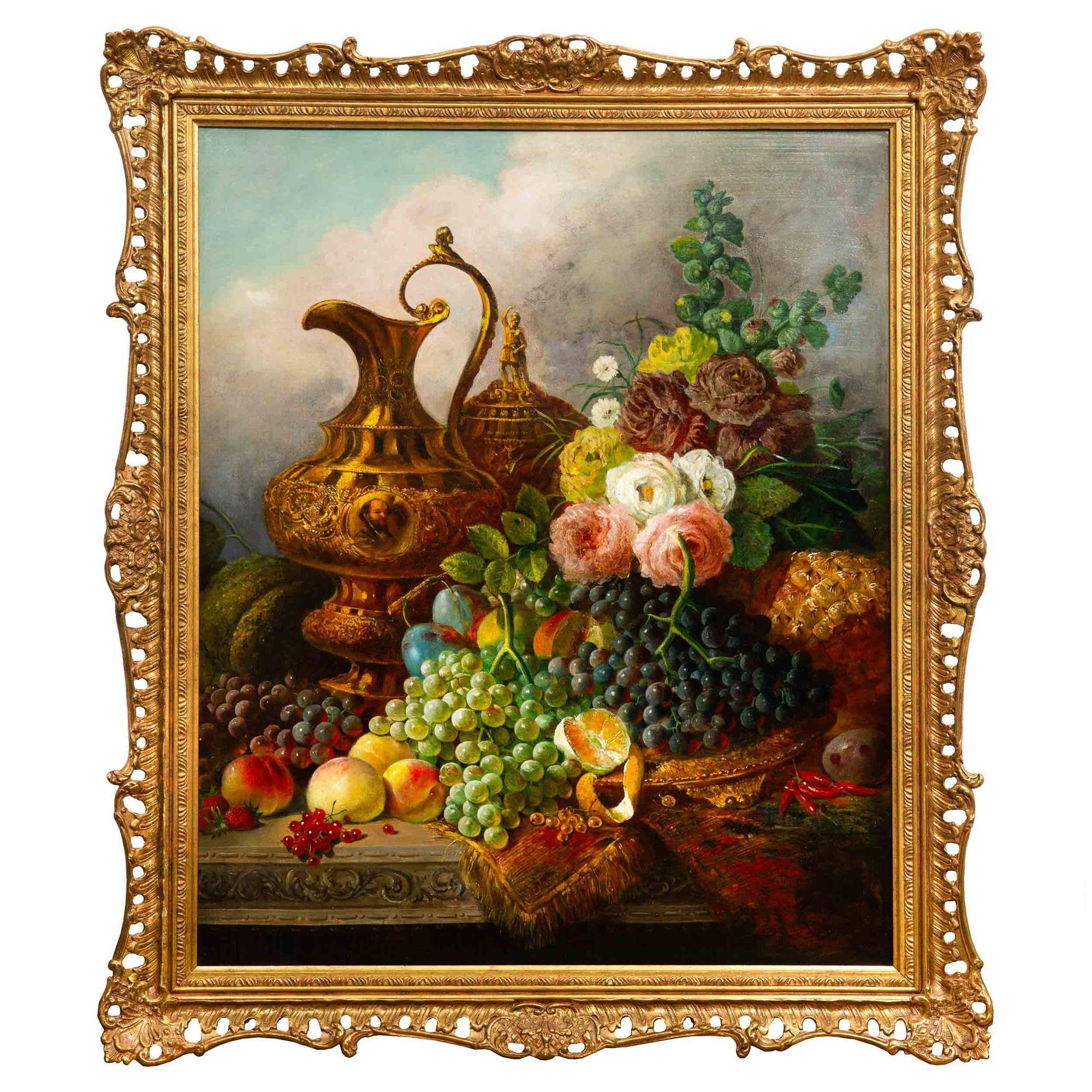 English Still-Life Antique Painting of Fruits & Flowers by W.E.D. Stuart ca.1853 In Good Condition For Sale In Shippensburg, PA