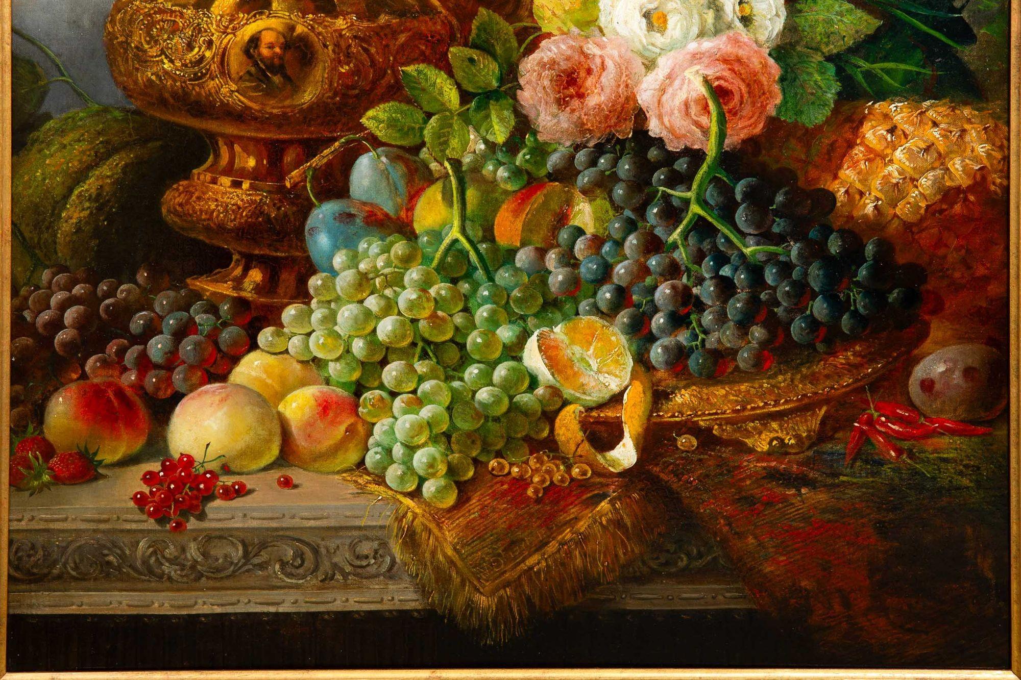 Canvas English Still-Life Antique Painting of Fruits & Flowers by W.E.D. Stuart ca.1853 For Sale