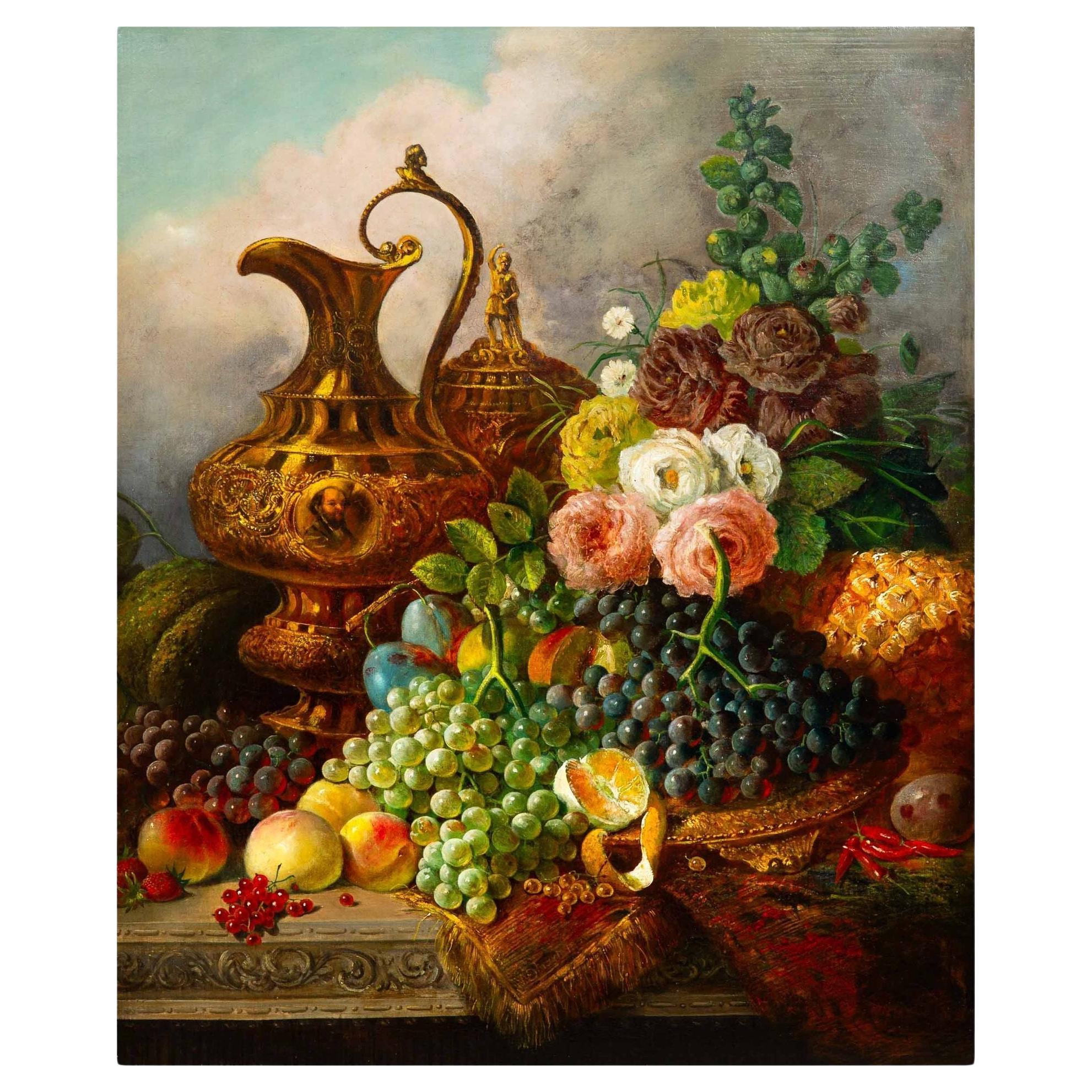 English Still-Life Antique Painting of Fruits & Flowers by W.E.D. Stuart ca.1853 For Sale