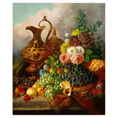 English Still-Life Antique Painting of Fruits & Flowers by W.E.D. Stuart ca.1853