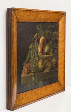 Nature morte anglaise à l'huile - Peinture à l'huile d'un panier de fruits avec cadre en érable