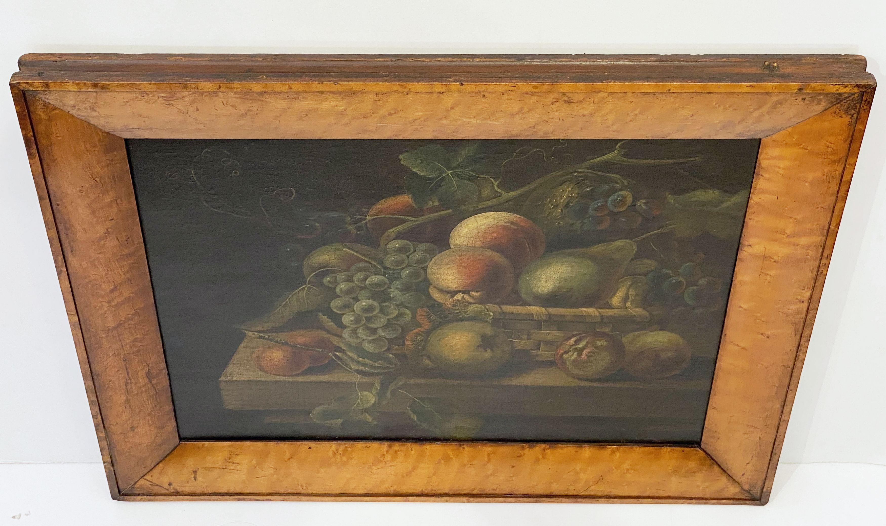 English Still Life Oil Painting of Fruit Basket with Maple Frame In Good Condition In Austin, TX