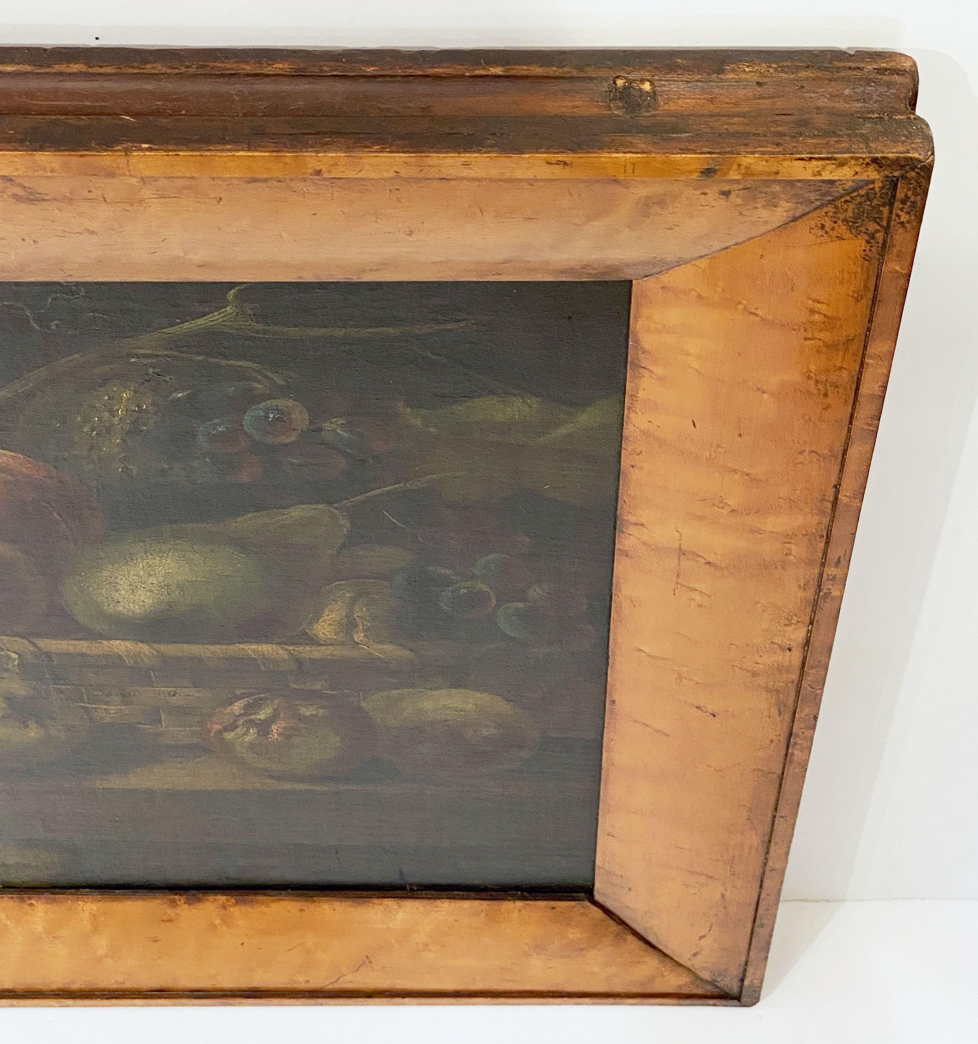 19th Century English Still Life Oil Painting of Fruit Basket with Maple Frame