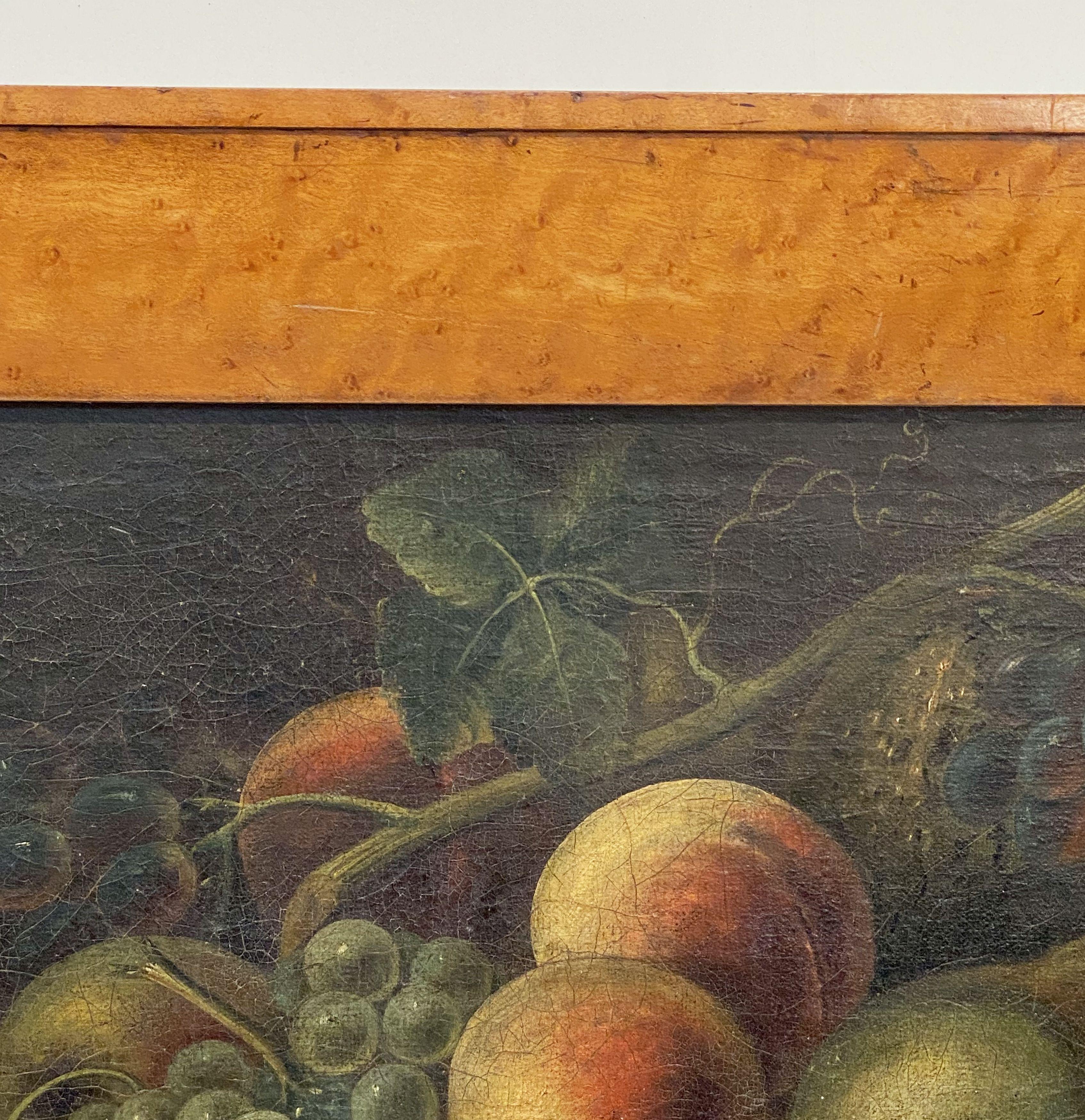XIXe siècle Nature morte anglaise à l'huile - Peinture à l'huile d'un panier de fruits avec cadre en érable