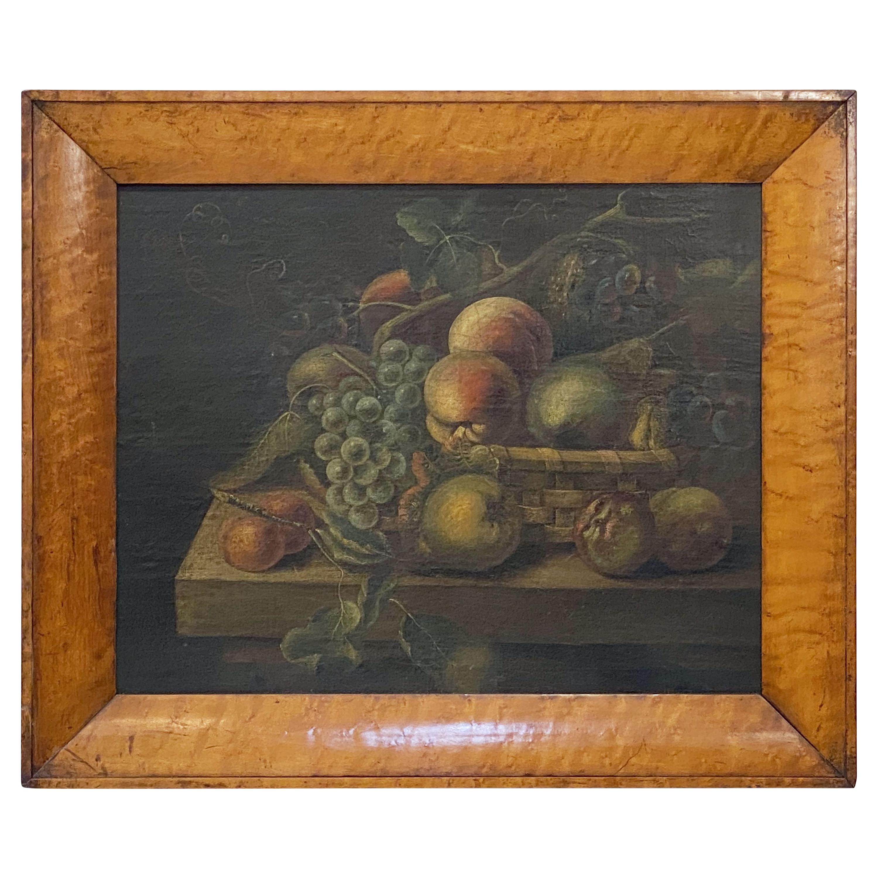 English Still Life Oil Painting of Fruit Basket with Maple Frame