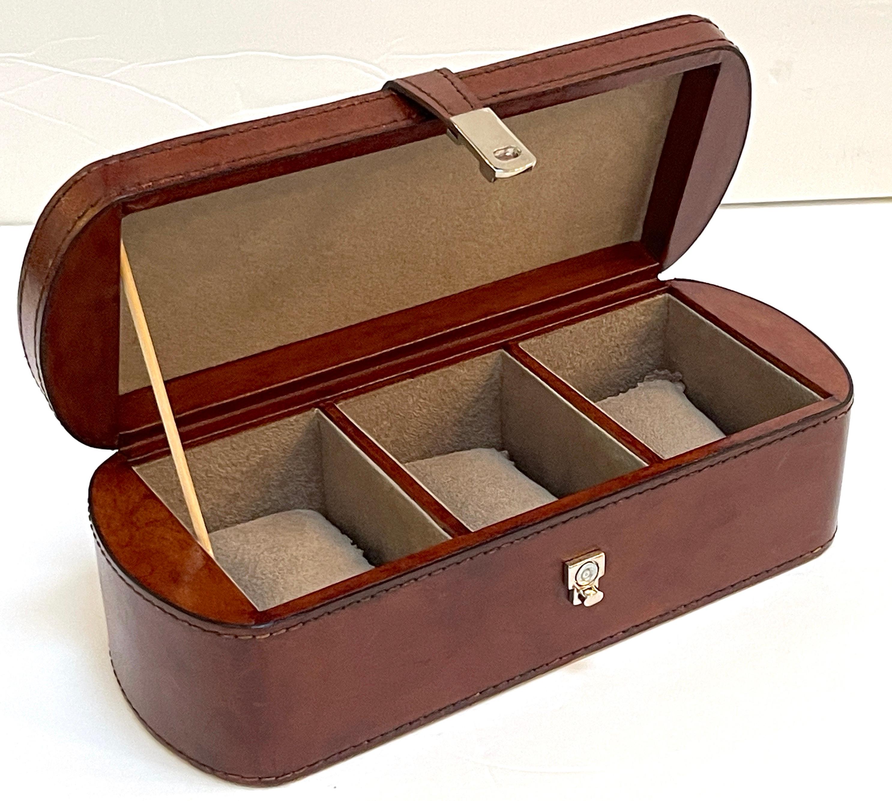20th Century English Stitched Saddle Leather Three-Section Watch Box  For Sale