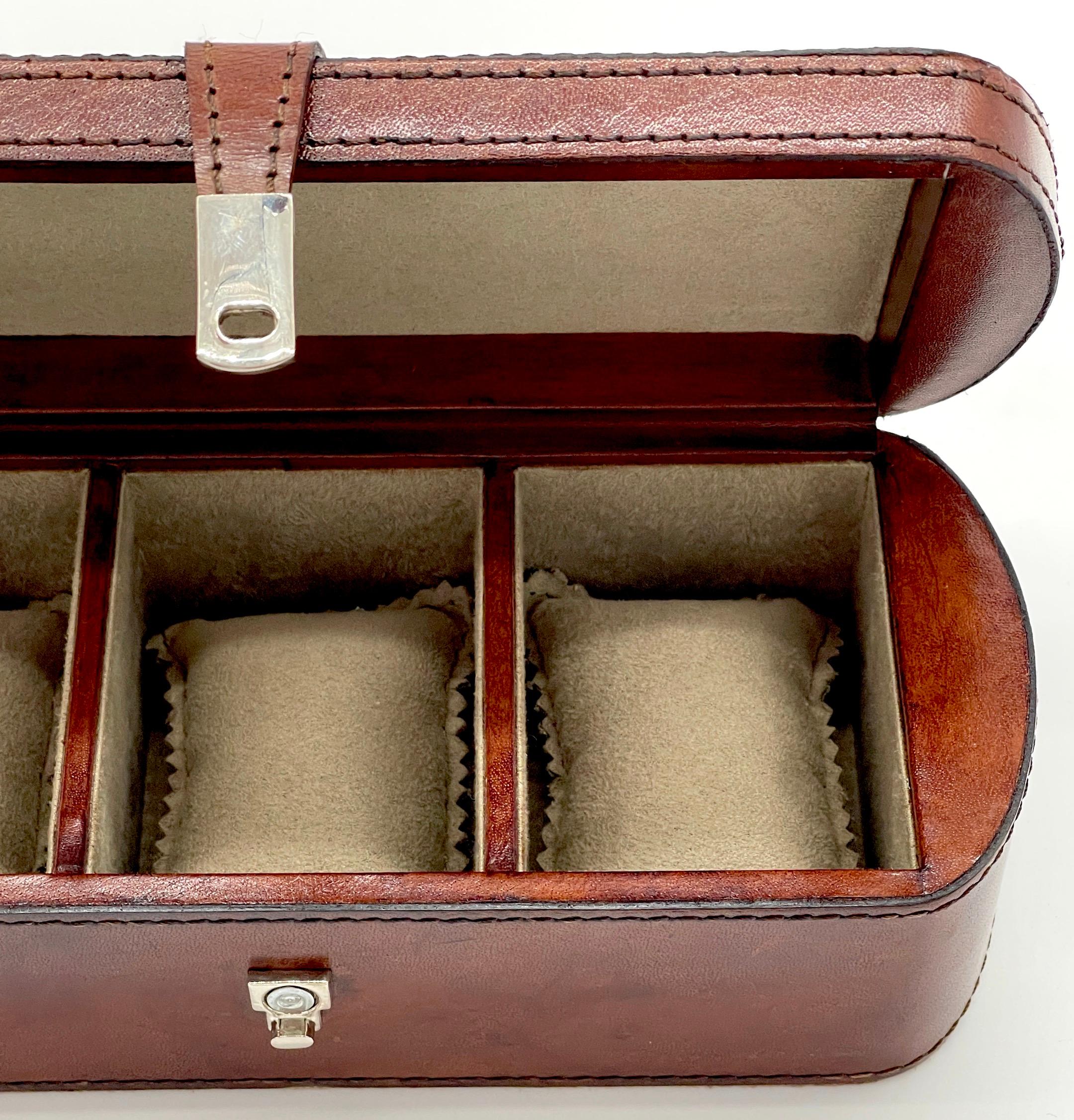 Silver Plate English Stitched Saddle Leather Three-Section Watch Box  For Sale