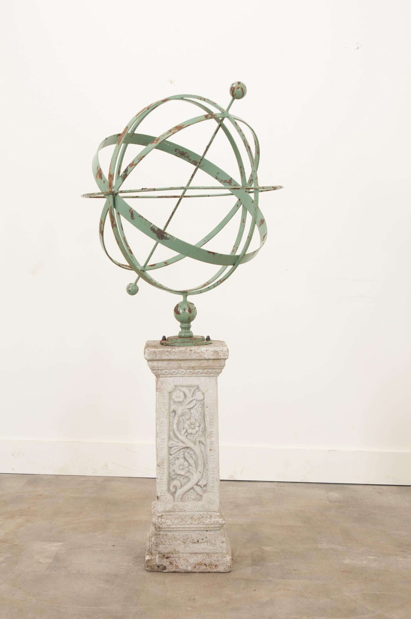 English gardens often have an armillary. These instruments were designed by the ancient Greeks to theoretically track the planets and stars. Adding a touch of whimsy, this maintenance free garden element will enhance any outdoor space. Each side of