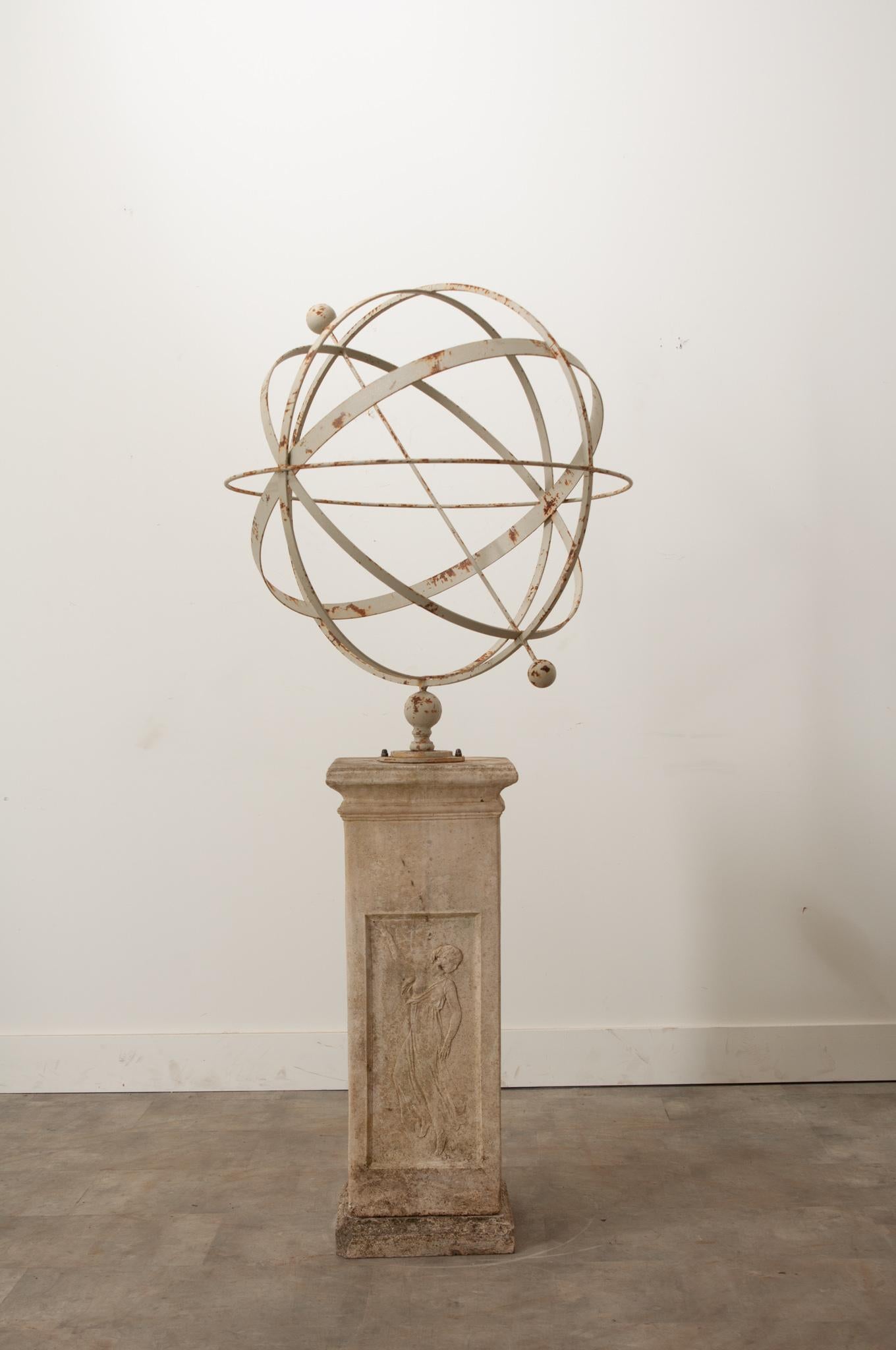 English gardens often have an armillary. These instruments were designed by the ancient Greeks to theoretically track the planets and stars. Adding a touch of whimsy, this maintenance free garden element will enhance any outdoor space. Each side of