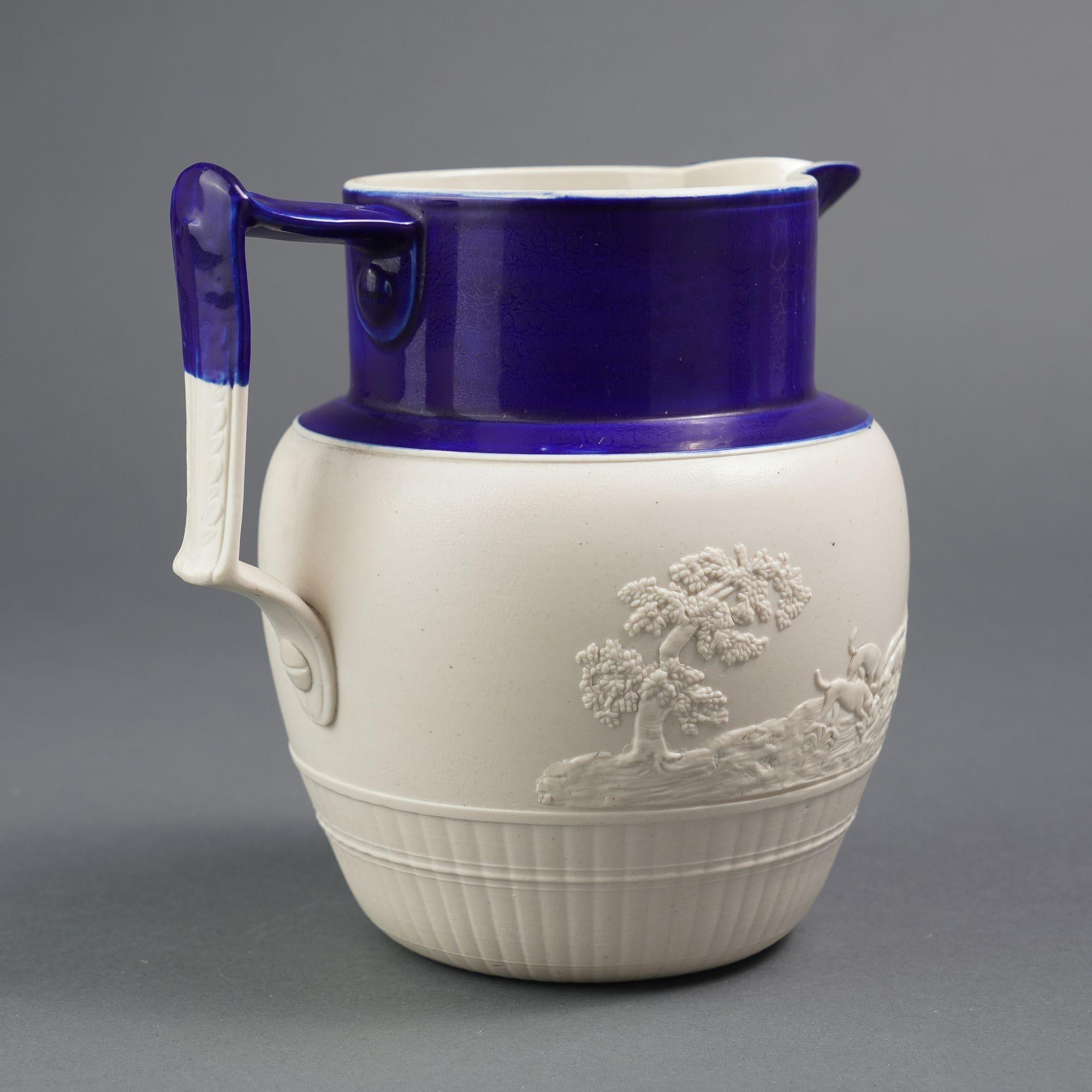 English stoneware hunt jug with cobalt detail, c. 1800 In Good Condition For Sale In Kenilworth, IL