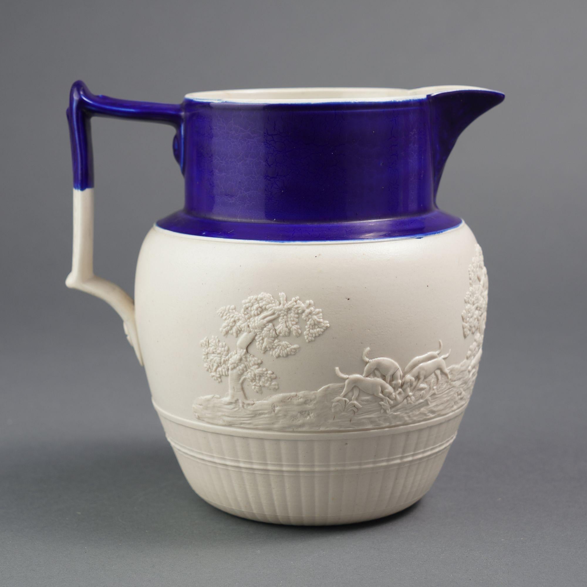 19th Century English stoneware hunt jug with cobalt detail, c. 1800 For Sale